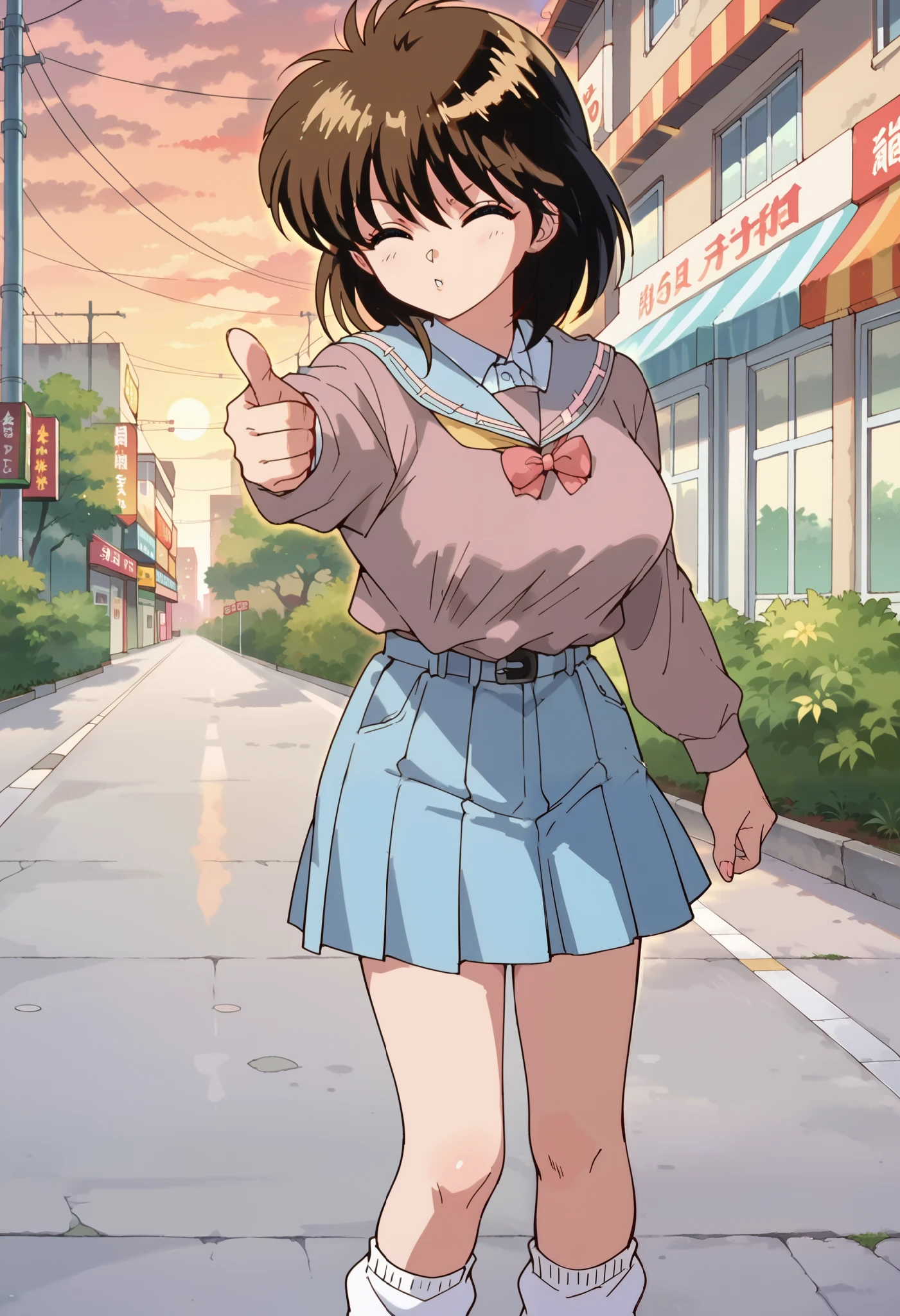 score_9, score_8_up, score_7_up,anime_source, source_anime, best background, detailed background, anime screencap, 4k, upscale, Keiko Yukimura, (light blue school sailor uniform with yellow scarf, light blue school skirt, loose socks:1.1), leather shoes, 1girl, solo, looking at viewer, closed mouth, sunset, portrait, pointing, on the street, city, urban, shops, in Japan, Japanese atmosphere, pointing at viewer, finger gun , ultra huge breasts, ultra huge cleavages, ultra huge tits, ultra huge boob,