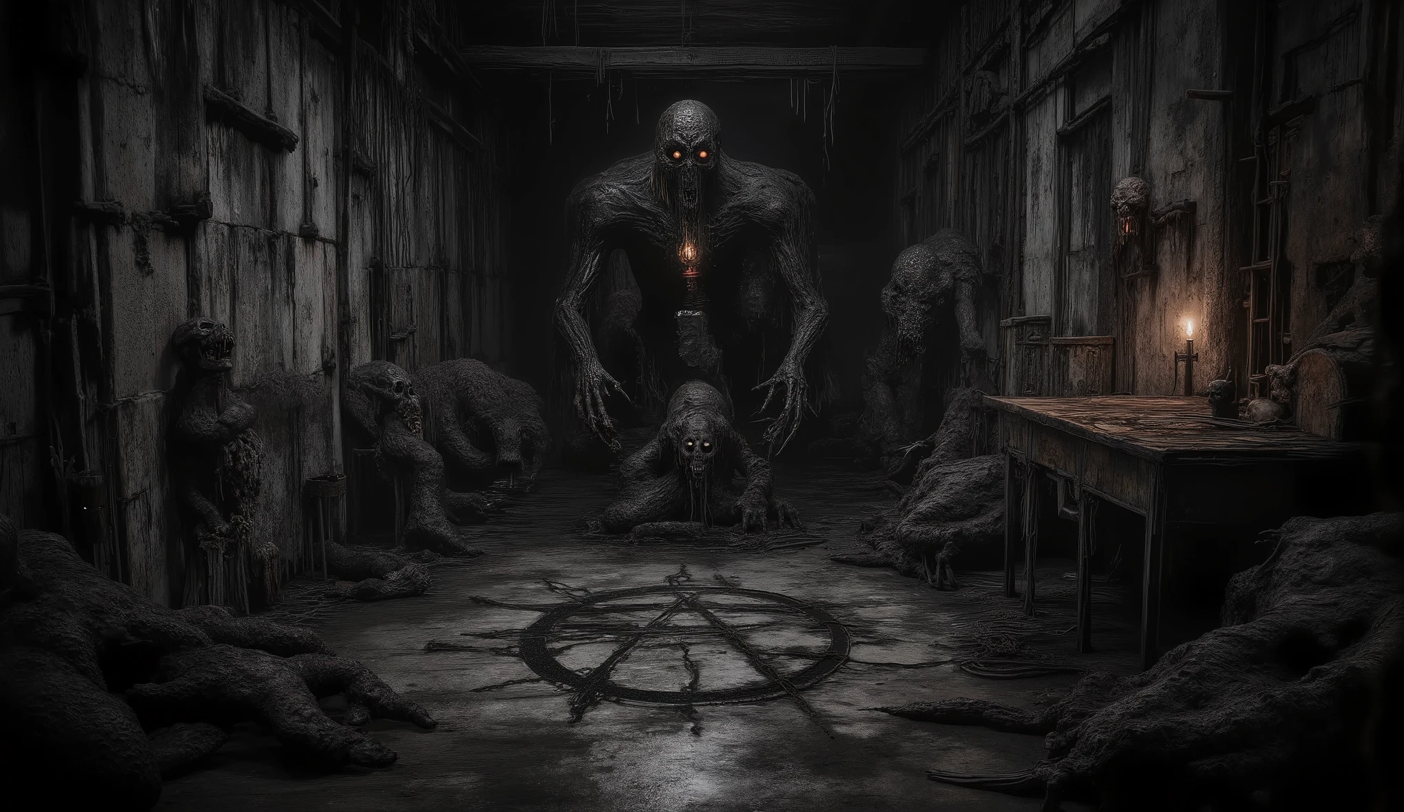 (best quality, 128k,highres,masterpiece:1.2),ultra-detailed,(realistic,photorealistic,photo-realistic:1.37), ((masterpiece)) ((photography)) ((Highest quality)) A pitch-black, windowless basement reeking of death and decay, its damp stone walls covered in grotesque carvings of twisted faces frozen in silent screams. The floor is smeared with dark, dried blood forming chaotic, ancient sigils, pulsating as if alive. At the center, a massive pentagram is carved deep into the ground, its grooves filled with a thick, oozing black substance. 

A towering altar of rotting bones and skulls stands at the far end, its surface drenched in fresh blood, with an ancient, torn book open to unreadable, demonic scripture. Around it, grotesque dolls made of human flesh and stitched with black thread dangle from rusted chains, their hollow eye sockets oozing a dark liquid. A broken mirror leans against the wall, its cracked surface reflecting a figure that isn't there—its glowing, hollow eyes locked onto the viewer. 

Beings crafted entirely from swirling, opaque shadows lurk ominously in the deepest corners, their eerie, undefined forms shifting and twisting in the dim light. The only source of illumination is a single flickering candle atop a rickety wooden table, its flame casting distorted shadows that seem to stretch and whisper. The shadowy entities appear to watch, their glinting, unnatural eyes filled with an otherworldly intelligence, their whispers merging with the distant echoes of guttural growls vibrating through the room. 

The air is thick with sulfur and rotting flesh, suffocating and oppressive. Shadows slither unnaturally along the walls, stretching and writhing like living entities