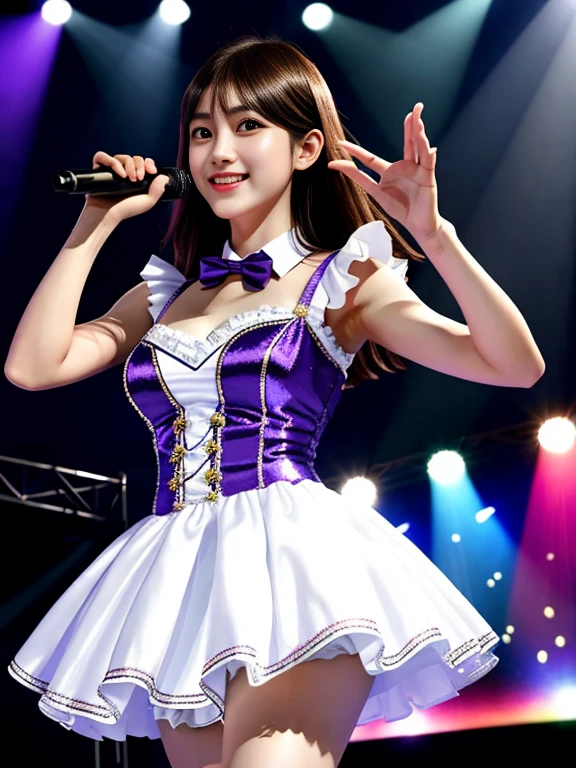 Realistic, Photorealistic, Masterpiece, Best Quality, One Girl, Solo, In the Stage, Stage Lighting, Stage Spotlight, Look At Audience, Smile, idol_singing_costume, (pureerosface_v1:0.8),Korean Idol,Nogizaka Idol,Actress,Gravure Idol
