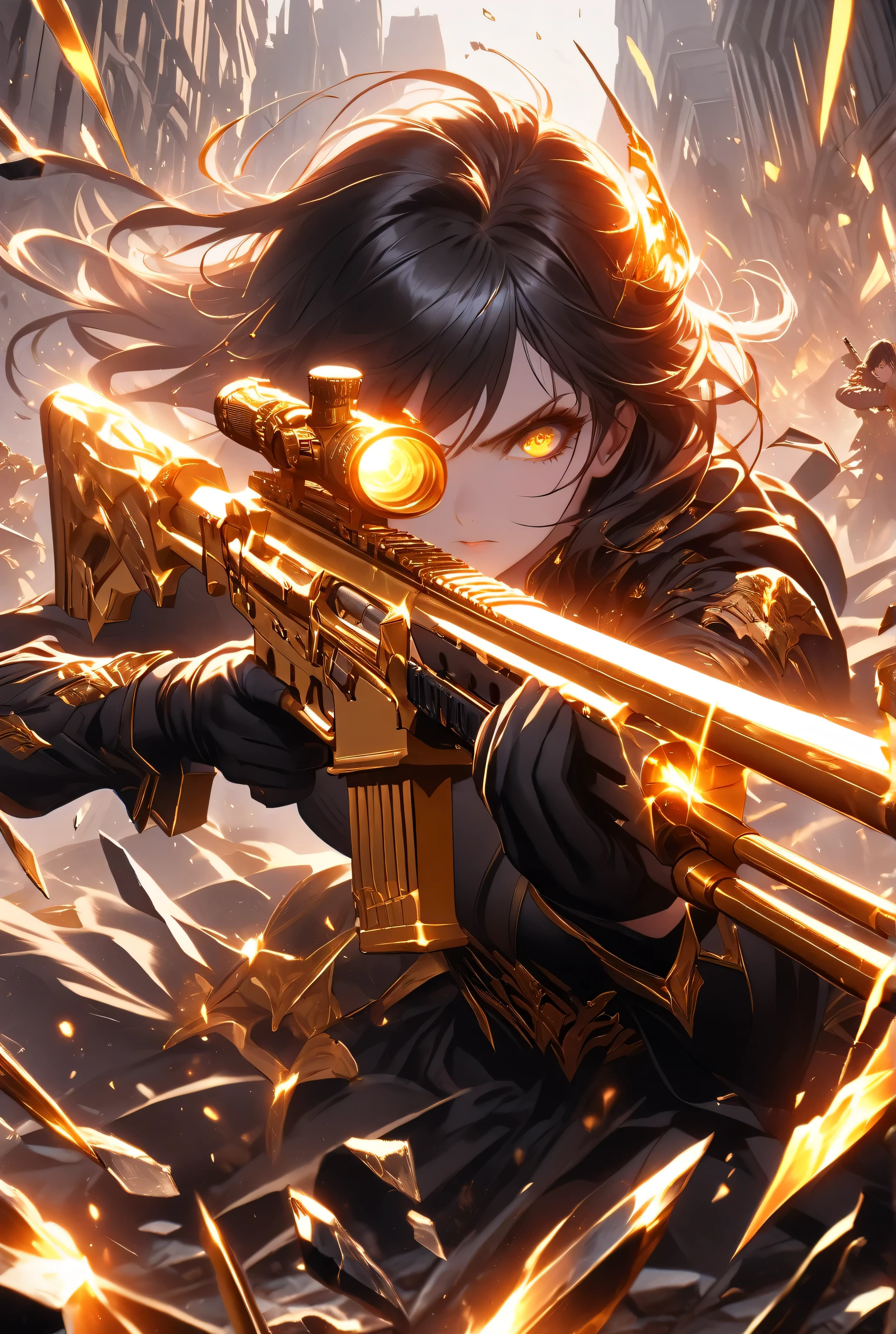 The dynamic scene captures, from the front,
the instant energy golden sparks as a woman with black hair and golden eyes,
launches a thrusting attack with a great rifle that is covered in golden flames,
The golden flames surrounding her great rifle give it an eerie glow,glowing,glowing gun,dark fantasy,dynamic,action scene,
glass shards, reflection, broken glass,