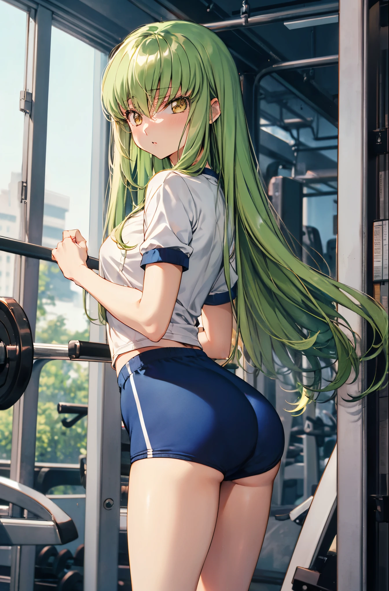 (masterpiece, best quality), intricate details,
1girl, cc_codegeass, hair between eyes, very long hair,(white gym shirt, short sleeve,gym uniform,dark blue buruma:1.3),(cameltoe:0.8),standing,contrapposto,