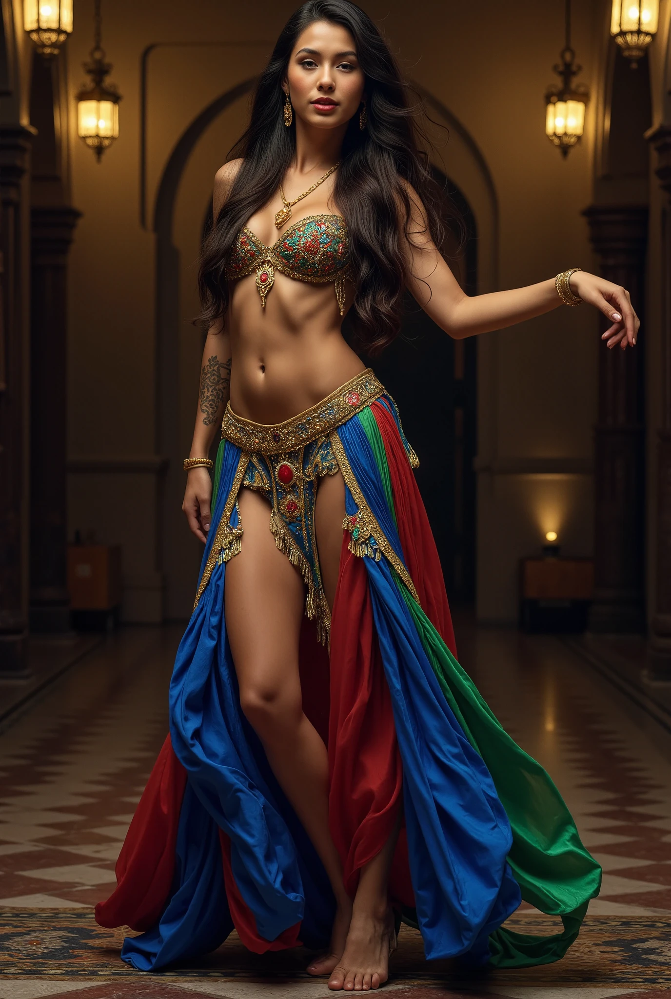 Female Radhika Sethi exceptionally gorgeous beautiful female dancer, Persian dancer flowing long black hair and strong Persian features, muscular, fit, athletic, abs, exquisite silk elaborate dress, silk scarf, embroidered skirts, dancing in courtyard with flowers, dynamic pose, sunlight, twilight, extremely detailed, staring into camera with small smile, realistic, photo quality, 4k 8k 16k 32k 64k