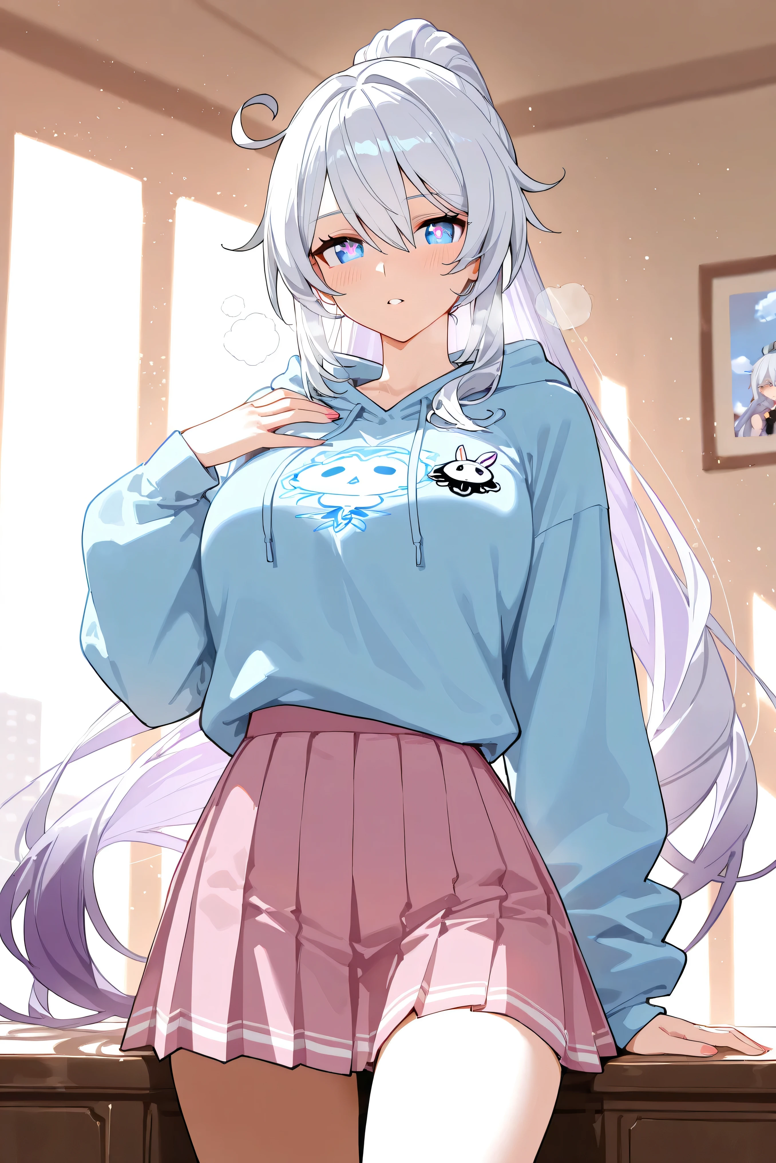 score_9, score_8_up, score_7_up, masterpiece, best quality, very aesthetic, absurdres, tunning image, light particles, attractive image, 1girl, adult grown woman, cowboy shot, kiana kaslana \(honkai impact 3rd\), herrscher of finality, white hair, ahego, high ponytail, long hair, blue eyes, symbol-shaped pupils, blush, heavy breathing, masterpiece,best quality,amazing quality, nails, 5 fingers, alternate costume, An anime character in pastel streetwear style, wearing an oversized baby blue hoodie with cute cloud patterns, a pleated pink skirt (or loose pastel joggers), The background is a soft aesthetic cityscape with pastel buildings, warm sunlight, and cherry blossoms floating in the air