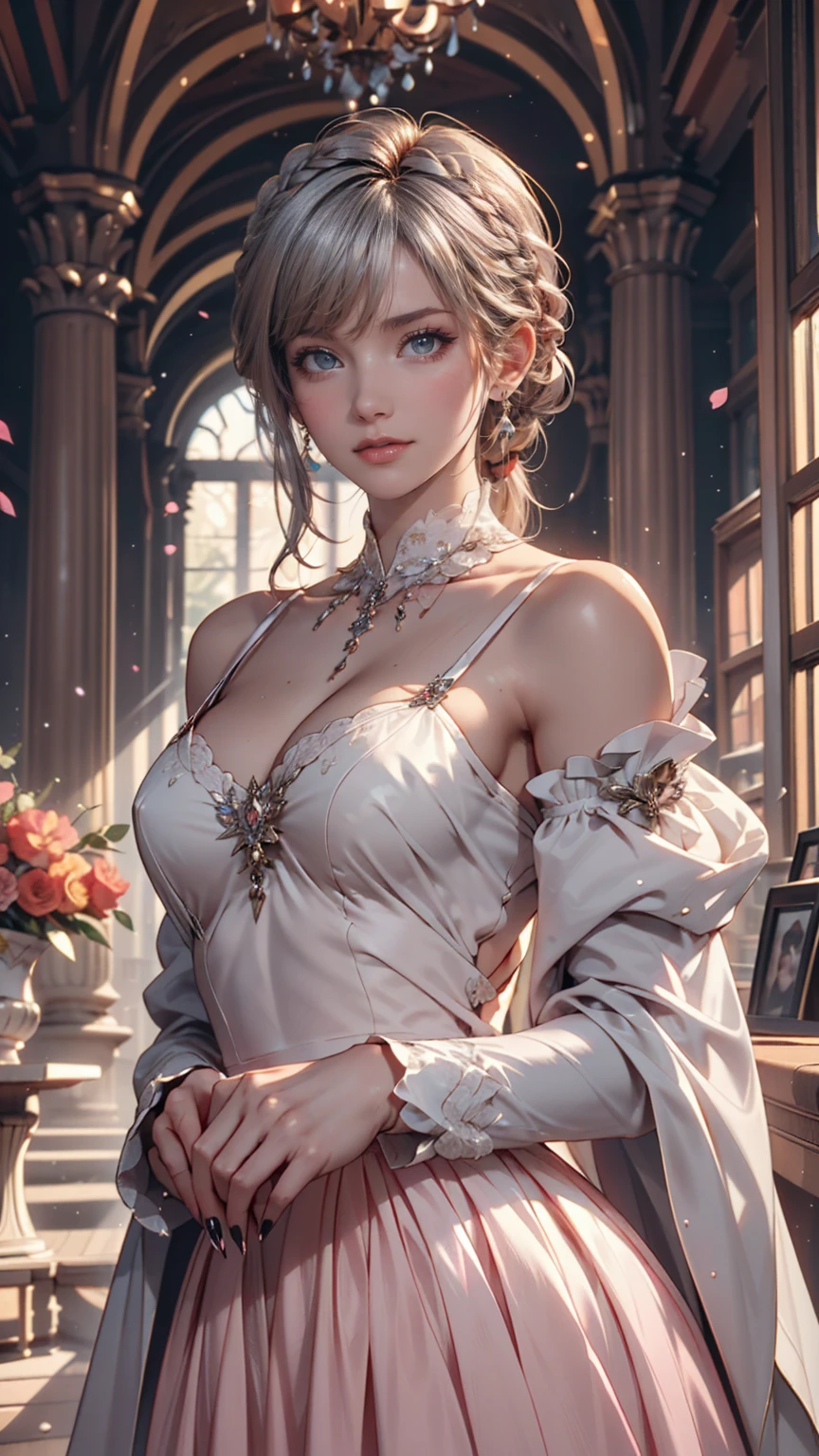 24 year old Caucasian female、blue eyes、Silver Hair、Straight Hair、Hair becomes wavy、Sexy proportions、Narrow waist、Hips for easy childbirth、Wear an off-the-shoulder lace dress、smile、
