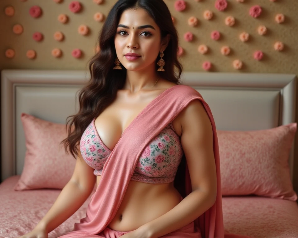 (best quality, ultra-detailed, realistic:1.37), professional, beautiful detailed eyes, beautiful detailed lips, detailed facial features, natural skin tones, perfect skin texture, delicate facial expressions, image in high resolution, realistic face, realistic skin, plain face, natural smile, highly detailed hair, 20 years, (Kiran, beautiful Indian young woman), radiates Pink bridal glamour in an exquisite Lehenga Choli adorned with intricate embroidery and ornate jewelry. The high-resolution image captures ultra-detailed realism, highlighting Kiran's captivating eyes, expressive lips, and graceful facial features, enhancing her bridal beauty. The soft lighting and floral decorations create a visually stunning representation of traditional Indian weddings and the joyous celebration of love, Beautiful background.Latin girl