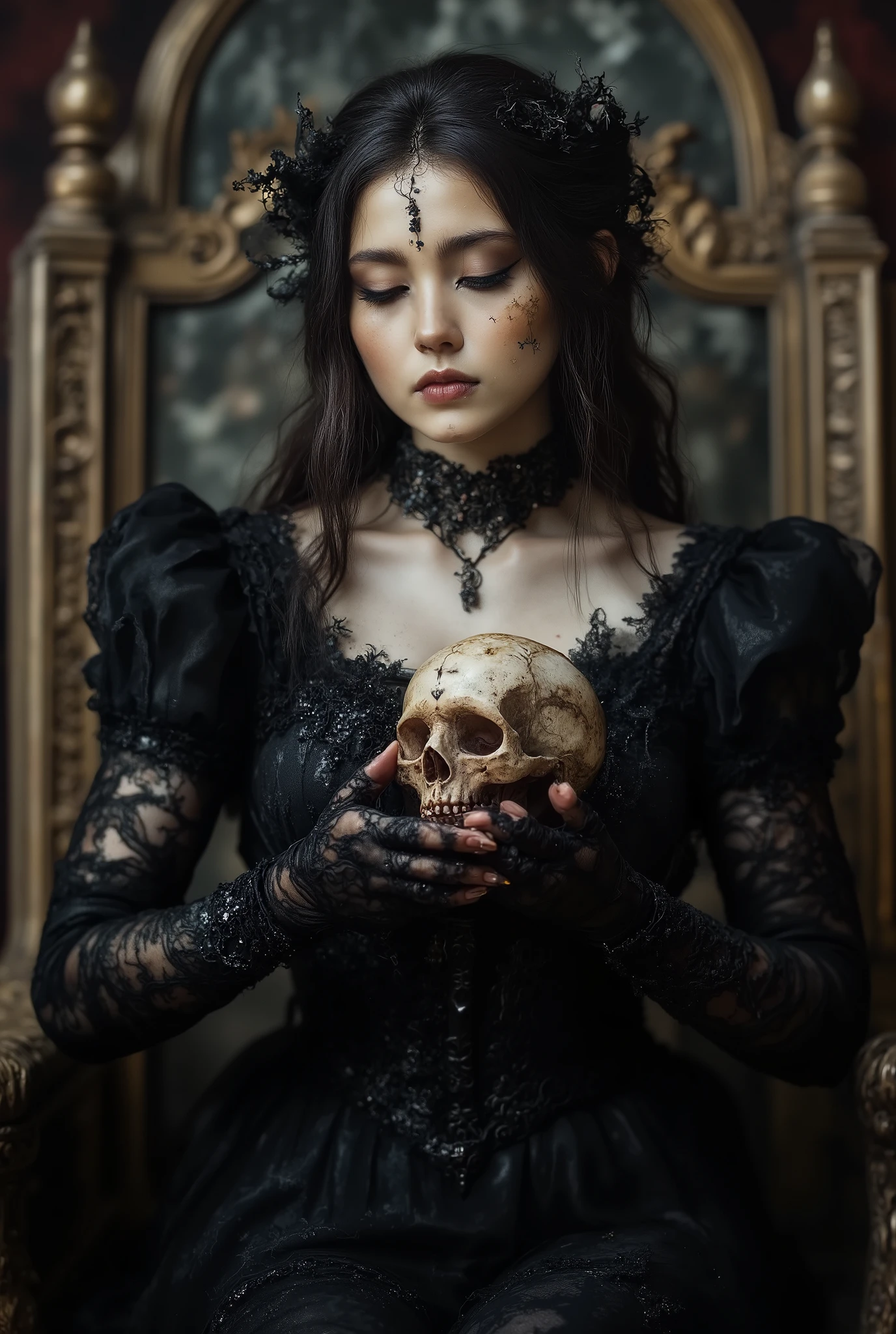 love beyond time , high quality, gothic scary story , A girl , Alone, beautiful woman, Queen of the Night, Dark Empress , long black hair , Long eyelashes, closed eyes , narrow face, mole under eyes , moist lips, slim body , Medieval European black dress , high neck, necklace, long sleeves, lace gloves , high heels, black veil , EMPTY HALL , sitting on throne , Kissing skull in hand , close-up of a woman's skull and face,