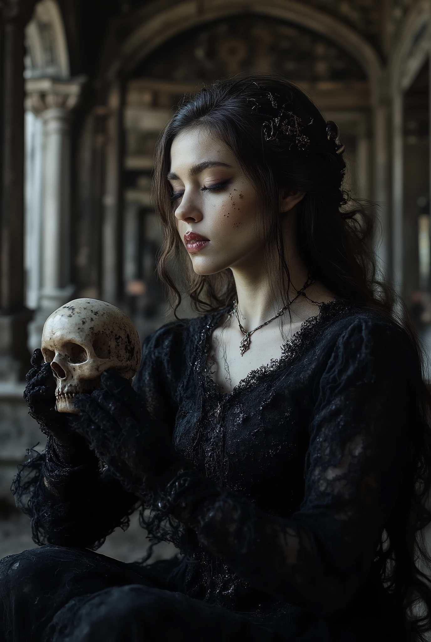 love beyond time , high quality, gothic scary story , A girl , Alone, beautiful woman, Queen of the Night, Dark Empress , long black hair , Long eyelashes, closed eyes , narrow face, mole under eyes , moist lips, slim body , Medieval European black dress , high neck, necklace, long sleeves, lace gloves , high heels, black veil , EMPTY HALL , sitting on throne , Kissing skull in hand , close-up of a woman's skull and face,