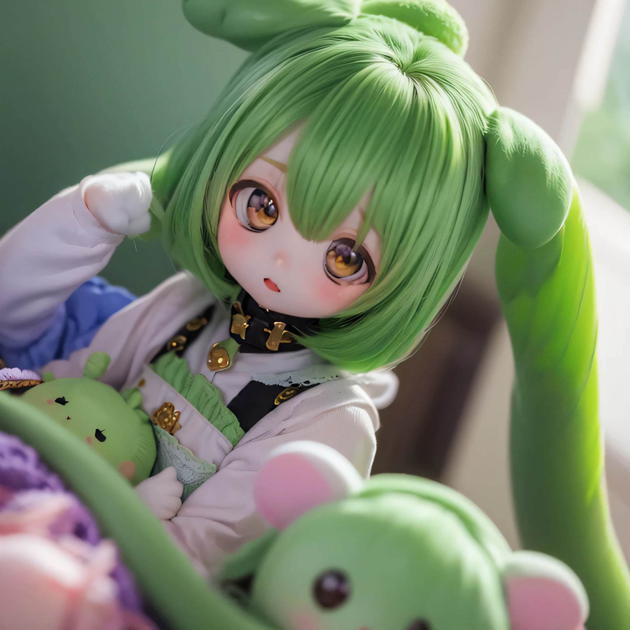 cute green-haired zundamon in playful pose, ( chibi), (((((( Mother )))))), detailed character design , complicated details , Super Hi-Res Super Real , photorealistic , 8k, Masterpiece , is high resolution, bright color, soft lighting , natural light, 、 Warm Palettes , wonderful , Magical, fantasy , cute , adorable by design, , Heartwarming、Edamame