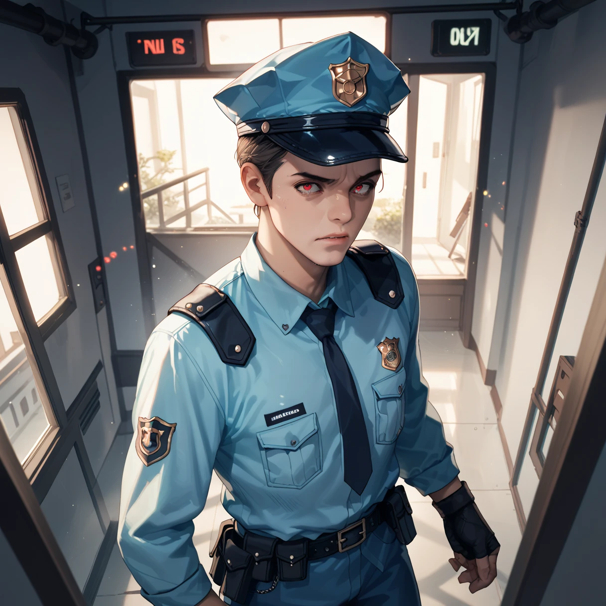 Several men in security uniforms，Outside the hospital corridor，nights，darkly，Upper body close-up，masterpaintings，8K