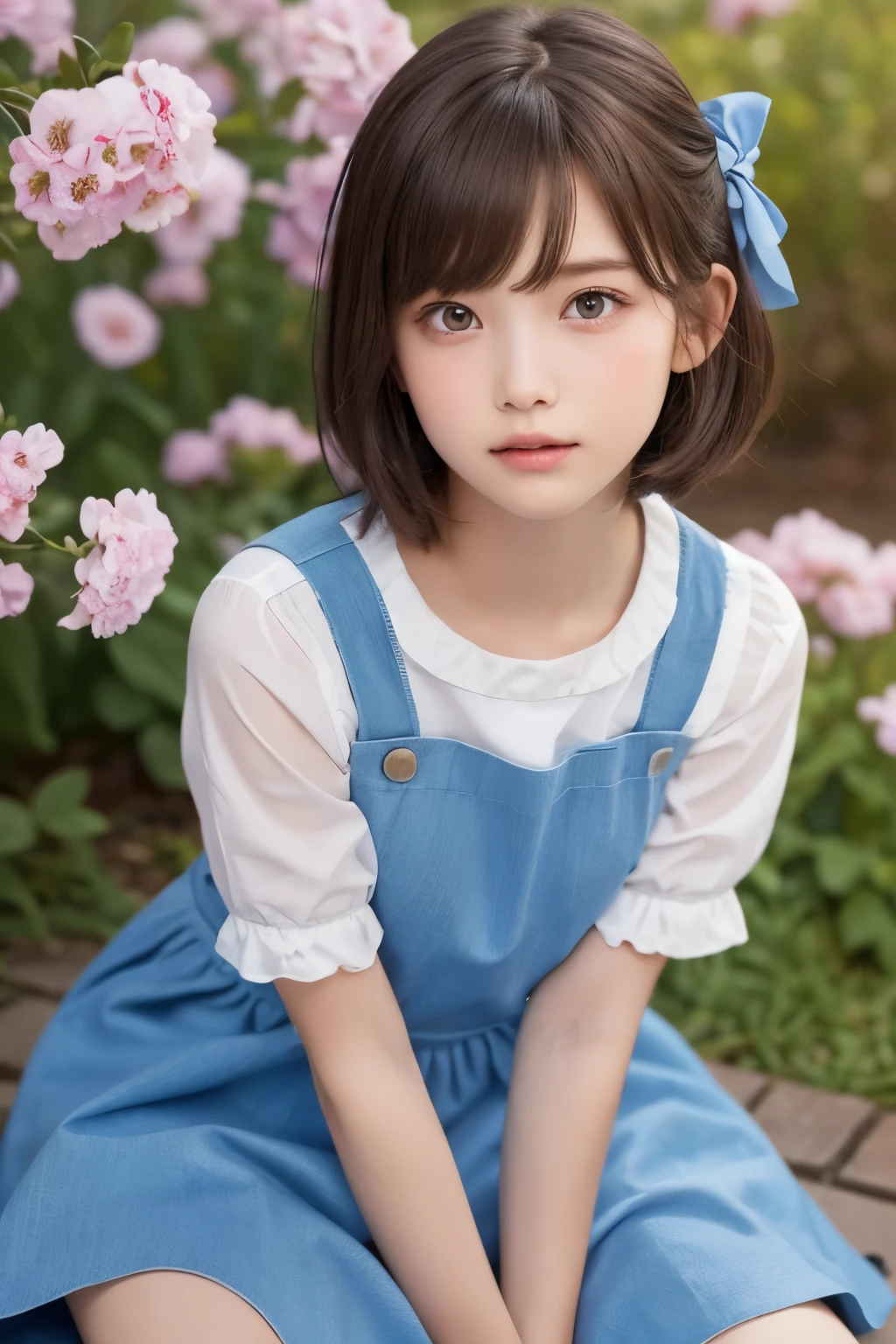 1girl, (a beauty girl, delicate girl, beautiful girl, innocent girl:1.3), (10yo:1.3),
break, (Alice, light blue maid dress, bow, pinafore:1.3), (sit down, cowboy shot, ruffle skirt),
break, (alice in wonderland background:1.3),
break, very fine eyes, (symmetrical eyes:1.3),
break, (flat breasts:0.5), (round face, baby face), (brown eyes), parted bangs, short hair, (brown hair),
break, (eyes and faces with detailed:1.0), face focus,
break, (masterpiece, best quality, ultra detailed, detailed face, 8k)