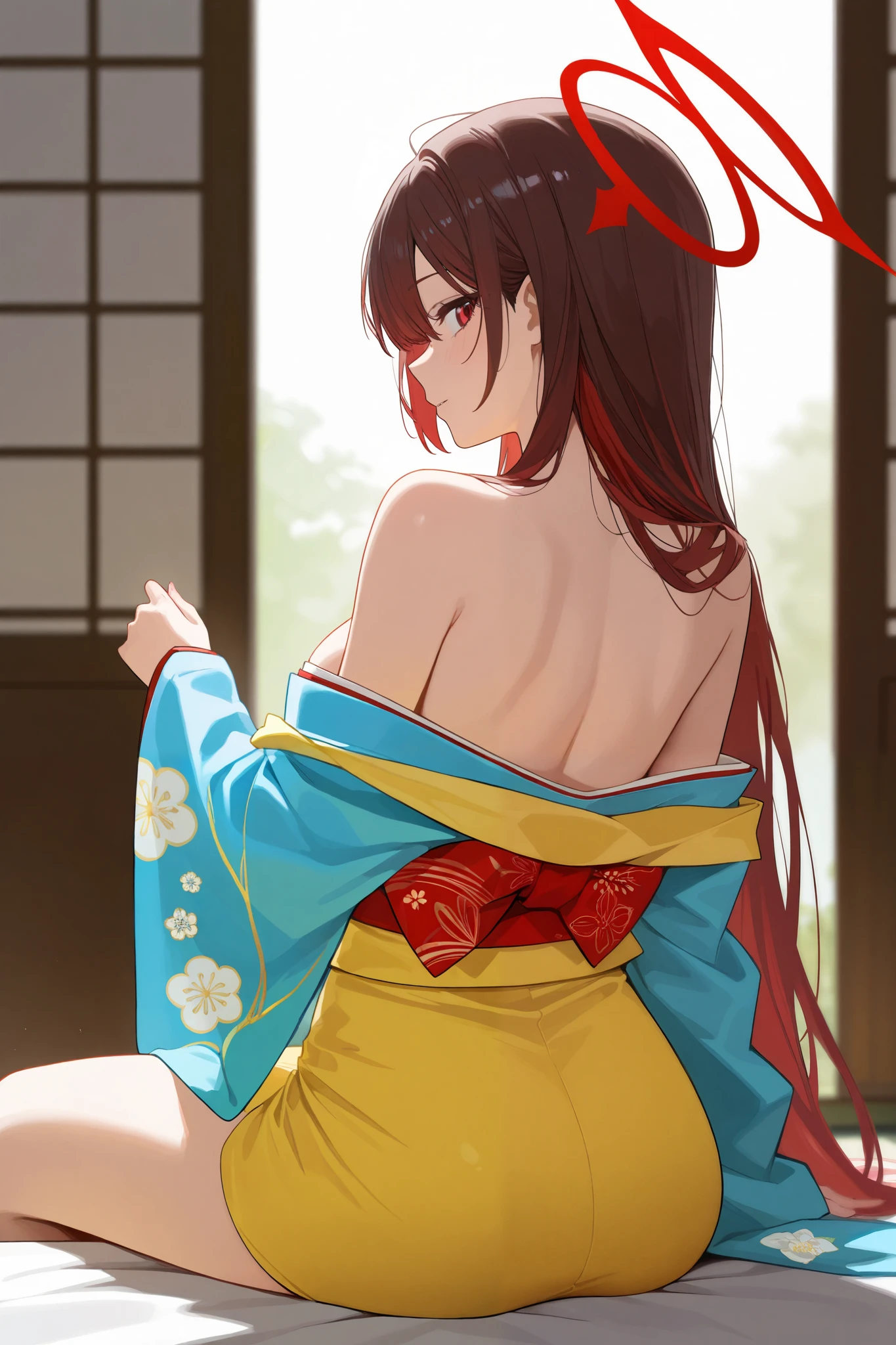 Close-up of a woman in a red and orange dress, Red kimono with flower patterns, From the Sengoku period, Long and beautiful kimono, Flowing hair and long robes, Red kimono, Japanese Kimono, Wearing Imperial Kimono, Wearing kimono and armor, In kimono, Safety, kimono, Hakama kimono, Inspired by Fujiwara Takanobu, pale and colouRed kimono　She shows her nipples