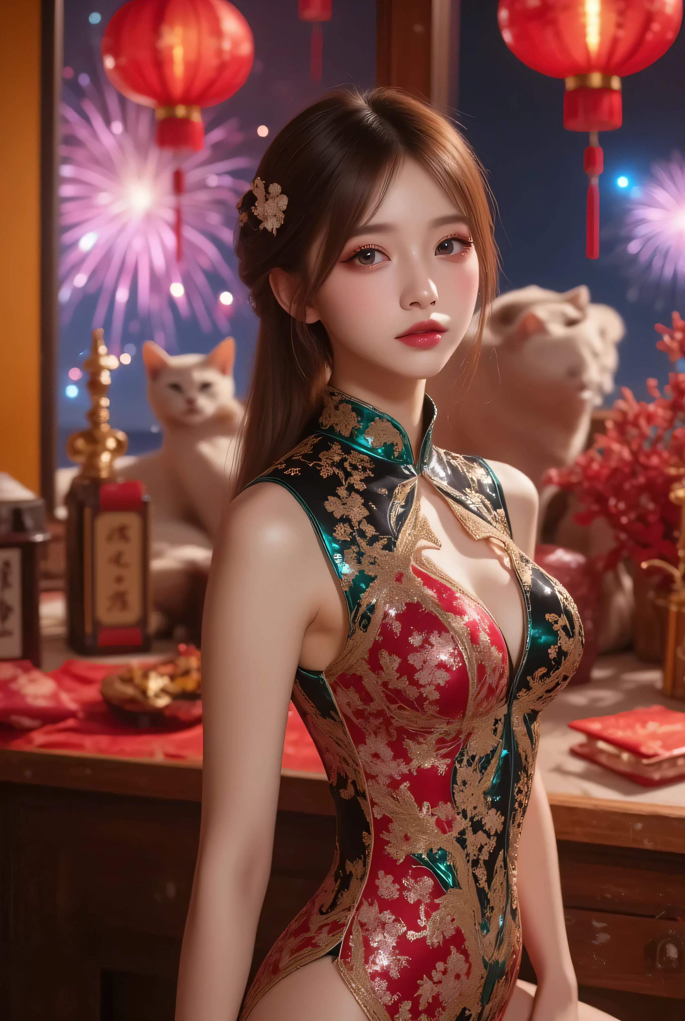 Cat ears、 face up, attractive, pretty girl, ponytail、few beautiful lady hair decorations, (( fine facial features , eroticism)), dramatic lighting , realistic , 8k, Dramatic Shadows , intricate and elaborate patterns , super detailed photo , chiaroscuro lighting , Pleasant colors , deep contrast , super real 、 pink lipstick、 warm room、Vintage Fireplace 、 cinematic composition、Close-up of face, pretty half part transparent open shoulder loose outfits dress, tang style, A beautiful Korean idol wearing a one piece red-green-blue-black-silver-gold tightly cheongsam with phoenix and intricate floral golden embroidery, golden and silver outline on dress, standing gracefully in a room filled with traditional Chinese New Year decorations. The room features vibrant red lanterns, decorative calligraphy scrolls, a small Chinese orange tree with golden ornaments, and several red envelopes scattered across the floor and hanging from the tree. Adorable, playful cats are part of the scene—some sitting near the tree, others curiously pawing at the red envelopes or lounging around. Through a window or an open door in the background, vibrant Chinese fireworks light up the night sky in an array of reds, golds, and blues, casting a magical glow into the room. The idol’s outfit is paired with subtle accessories like red hairpins or earrings, complementing the festive look. The atmosphere is warm and lively, filled with the joyful essence of the celebration, enhanced by the shimmering lights of the fireworks and the lively decor.