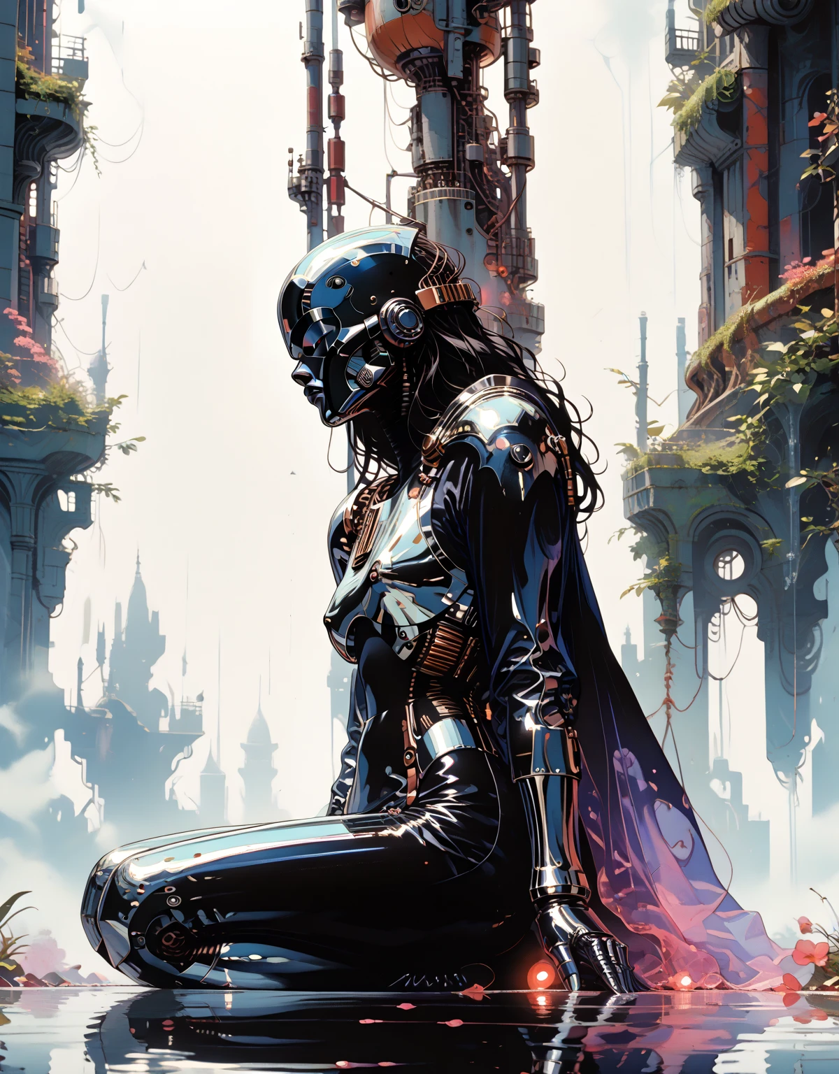 Score 9, Score 8+, Score 7+, Score 6+, Uncensored. An ultra-detailed 8k manga-style illustration of a full-body portrait featuring an alluring reinterpretation of Darth Vader from Star Wars. The character is depicted in sleek, form-fitting liquid metal armor with a mauve, nippleless design that accentuates every curve. The outfit shimmers with a chrome-like finish, featuring translucent elements that cling to her figure, highlighting underboob, midriff, and navel. A flowing, semi-transparent lace cape trails dramatically behind her, adding to the sensual and dynamic aesthetic. The scene captures her sitting confidently on a high-gloss black metallic throne with chrome accents, reflecting light like a mirror. Her jet-black armor acts as a perfect reflective surface, enhancing the dramatic lighting. She is surrounded by multiple robotic soldier, who appear to restrain her, appear form warp gate, adding tension and intrigue to the composition. The background is stark and minimalist, using sharp contrasts to emphasize her form. A palette of deep purples and blacks dominates, creating a moody and mysterious atmosphere that enhances the allure and sophistication of the character.
