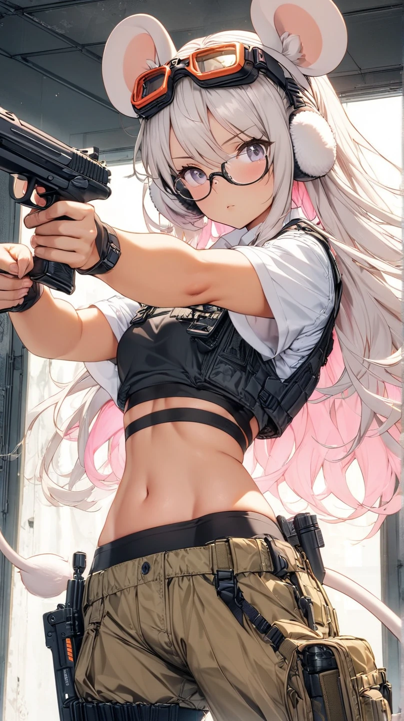 high-key and low-variance brightness scale,soft light,realistic light and shadow,light and dark interlaced,(aiming at viewer:1.4),looking at viewer,dramatic angle,(solo:1.6)
(masterpiece),(best quality),(highres),(by famous artist),(((official art))),(by Paul Hedley),(illustration),
1girl,(frieren),(elf:1.4),fashionable female
(small breasts:1.3),(underboob:1.5),(whole body),(round face),(pointy ears),(slim legs),(skinny body),(detailed beautiful face),lustrous skin,shiny skin,(articulated fingers),(sweat:1.6),navel,midriff,thick lips
(white tank top:1.4),(thong:1.4),(frayed denim shorts),(white socks),(sport shoes),(off shoulders),(belly chain),belt,hair ornament,heart-shaped earrings,silver bracelet,black choker
indoor,(clothing store:1.4),(multiple clothes),small items on display,various accessories,jewelry,earrings,makeup,collarbone necklace,headpiece,
((naughty face)),blush,((standing)),(pointing pistol:1.4),
(sunglasses:1.2),(green eyes)
(white hair),long hair,twintails,parted bangs,(reflective hair),