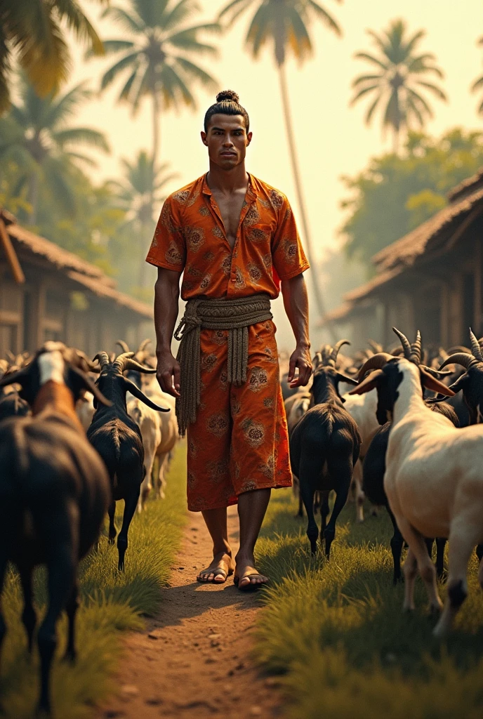caricature photo of a young man from Indonesia wearing a sarong and Muslim clothes wearing a Muslim cap pulling a cow with fur like a tiger. there is the writing "selamat hari raya QURBAN" read clearly using good Indonesian spelling. mosque background. clean 8k UHD image. cinematic. realistic.