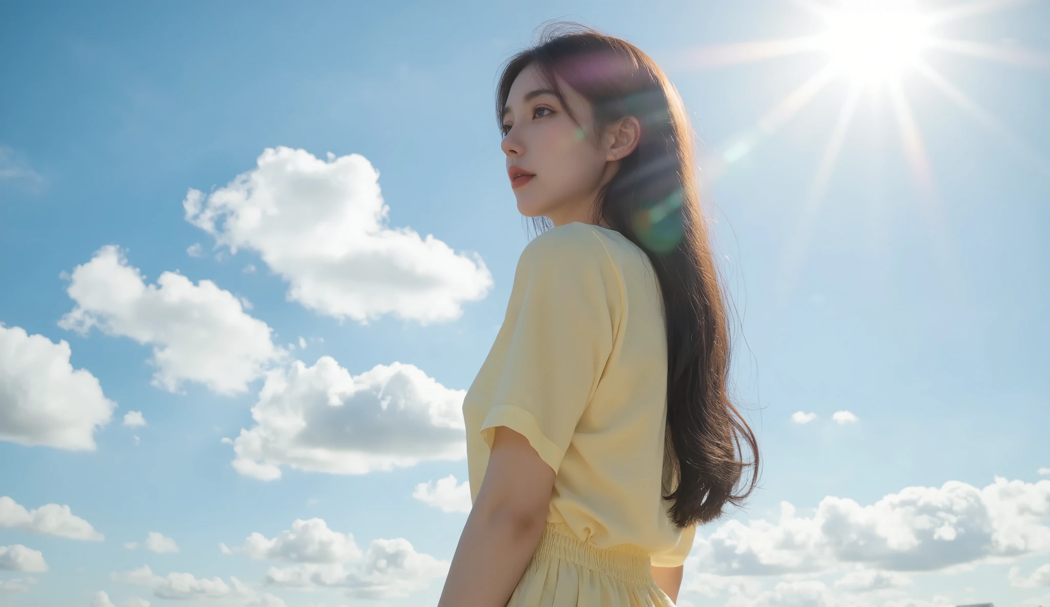 masterpiece, 8k, ultra-detailed, side view of a long-haired girl, wearing a pastel yellow short-sleeved dress, standing gracefully, looking at the distant sky, soft and flowing hair, gentle breeze, bright blue sky with scattered white clouds, warm and radiant sunlight, serene and peaceful expression, vibrant and natural colors, cinematic composition, depth of field, highly detailed background, soft shadows, glowing ambient light, dreamy and tranquil atmosphere, delicate and elegant pose, summer vibes, timeless and picturesque scenery角色的侧面, Wide-angle lens,