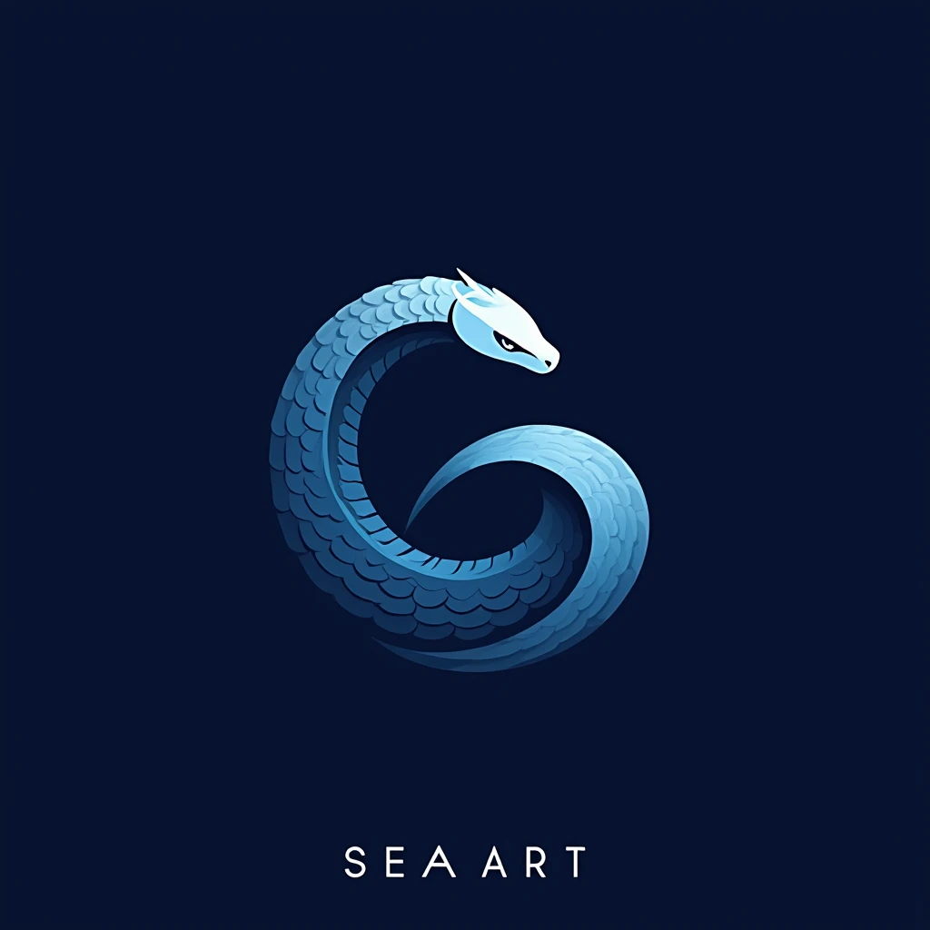((Minimalist and symbolic digital artwork)), two intertwined serpents forming a perfect circular shape, inspired by the yin-yang symbol, highly detailed scales, soft gradient shading, deep navy blue background, vibrant blue and white color scheme, ultra-smooth vector-like quality, centered composition, sleek and modern typography at the bottom reading "SEAART", high contrast design, balanced symmetry, clean and professional logo-style aesthetic, abstract yet organic representation, calming and mystical expressions, even and flat lighting, perfect symmetry, sharp and precise digital rendering.