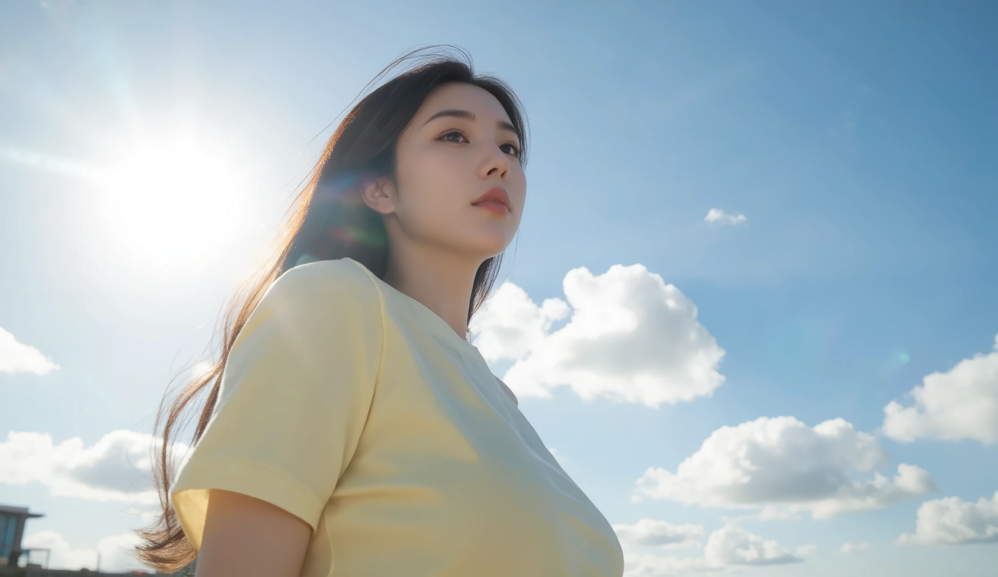 masterpiece, 8k, ultra-detailed, side view of a long-haired girl, wearing a pastel yellow short-sleeved dress, standing gracefully, looking at the distant sky, soft and flowing hair, gentle breeze, bright blue sky with scattered white clouds, warm and radiant sunlight, serene and peaceful expression, vibrant and natural colors, cinematic composition, depth of field, highly detailed background, soft shadows, glowing ambient light, dreamy and tranquil atmosphere, delicate and elegant pose, summer vibes, timeless and picturesque scenery角色的侧面, Wide-angle lens, 