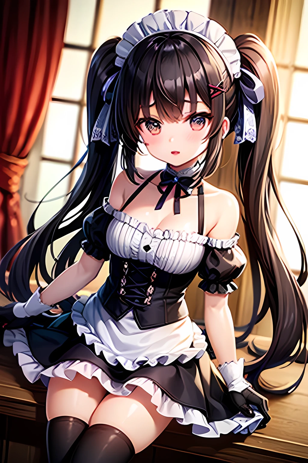 a close up of a woman in a dress with a white and black dress, gothic maiden anime girl, anime girl wearing a black dress, cute anime waifu in a nice dress, anime girl in a maid costume, an elegant gothic princess, guweiz, guweiz on pixiv artstation, guweiz on artstation pixiv, beautiful anime girl