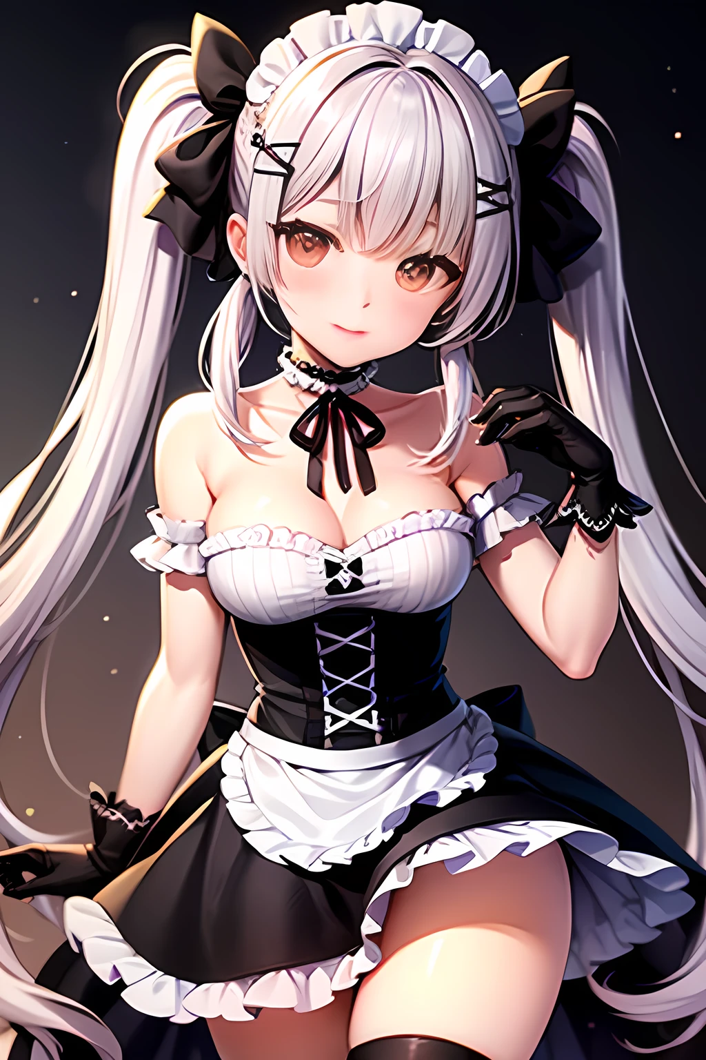 Masterpiece, Top Quality Anime Illustration, Super Detail, One Girl, Solo, Beautiful Girl with Silver Hair, Anime , maid dress, Super Short maid dress, Smile, Thigh Focus, Cleavage Emphasis, (white background),((masterpiece)),long hair,((charming))、happy smile、perfect proportions, cute woman, baby face, BREAK source_anime, high detail, looking at viewer,POV, large chest, best quality, highly detailed, young face,Droopy eyes,relaxed face,