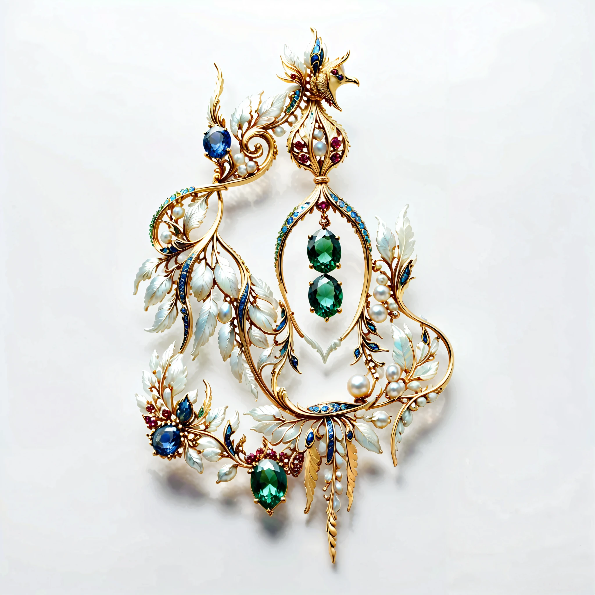 masterpiece. exquisite brooch , Depicts a Malagasy tourmaline phoenix , precious gemstone . Exquisite craftsmanship . high quality . excellent improvement . (( super detailed )). Table decoration , and beautifully decorated mother-of-pearl jewels , opal, ruby. lapis lazuli. masterpiece hors norme. A gorgeous and authentic . ultra-realistic .. (( white background ))