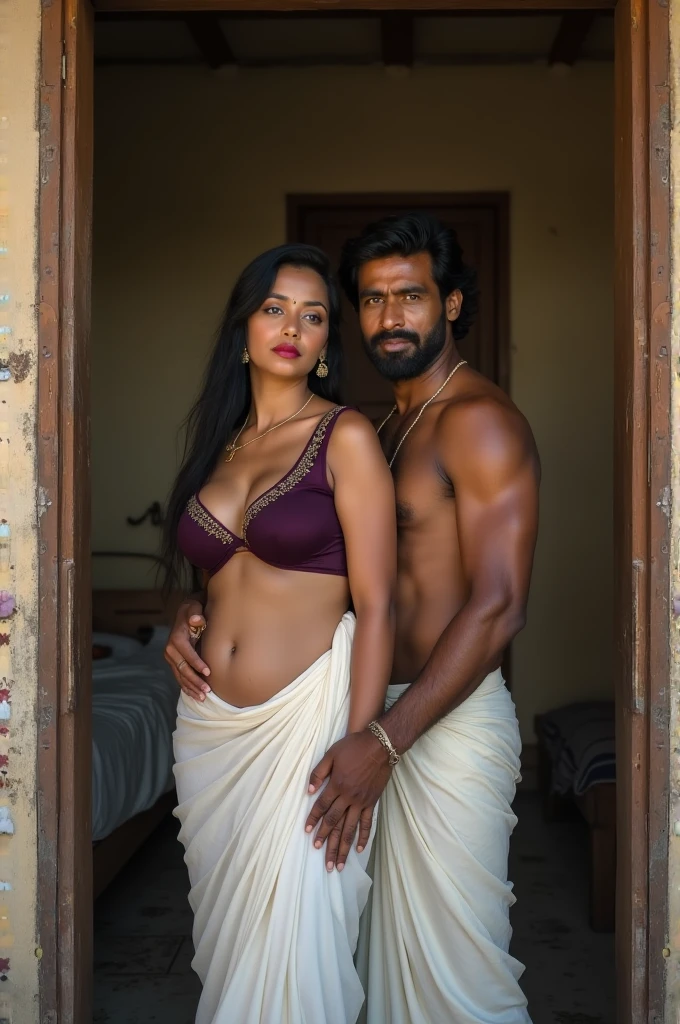 Newly wed indian couple, hot slim curvy white south indian with long single plaited hairstyle, big breag hip, very big ass, thickighs, woman wearing saree pallu down, cleavage, indle, very short indian black man with short haircut, muscular body and big moustache, man wearing shorts, woman with man, couple in house, couple standing near the door and romance, high resolution, couple looking at camera, tall woman and short man, close-up potrait, Closed Mouth, serious face, front full body view, in kitchen, bright lighting, man choking woman neck