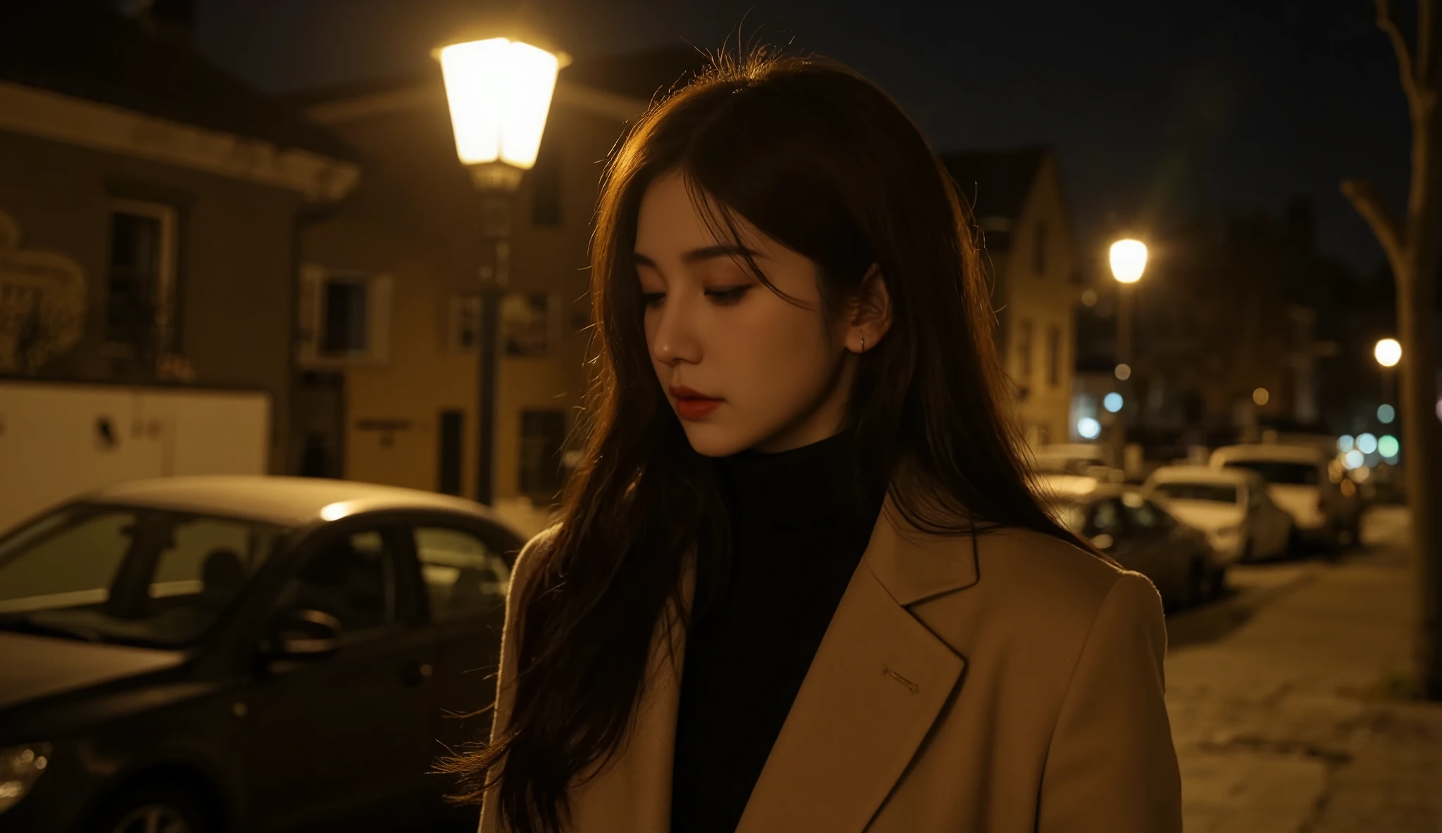 masterpiece, 8K, ultra-detailed, full-body view, long-haired woman, wearing a black turtleneck sweater, beige winter coat, standing under a streetlamp, warm yellow light spilling from the lamp, slightly lowering her head, calm and contemplative expression, cold night atmosphere, subtle breath visible in the chilly air, urban street setting, dimly lit surroundings, soft shadows, detailed textures on clothing, cinematic composition, depth of field, highly detailed background, quiet and serene mood, realistic lighting, dramatic and melancholic atmosphere, gentle glow from the streetlamp