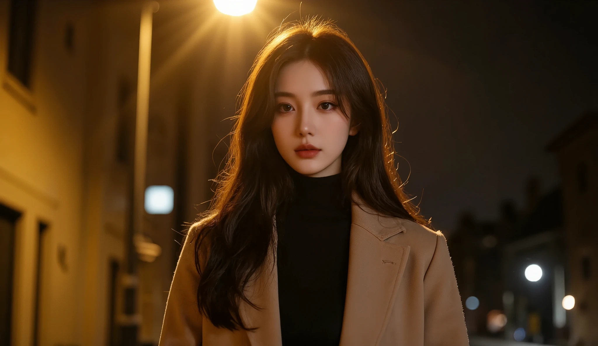 masterpiece, 8K, ultra-detailed, full-body view, long-haired woman, wearing a black turtleneck sweater, beige winter coat, standing under a streetlamp, warm yellow light spilling from the lamp, slightly lowering her head, calm and contemplative expression, cold night atmosphere, subtle breath visible in the chilly air, urban street setting, dimly lit surroundings, soft shadows, detailed textures on clothing, cinematic composition, depth of field, highly detailed background, quiet and serene mood, realistic lighting, dramatic and melancholic atmosphere, gentle glow from the streetlamp