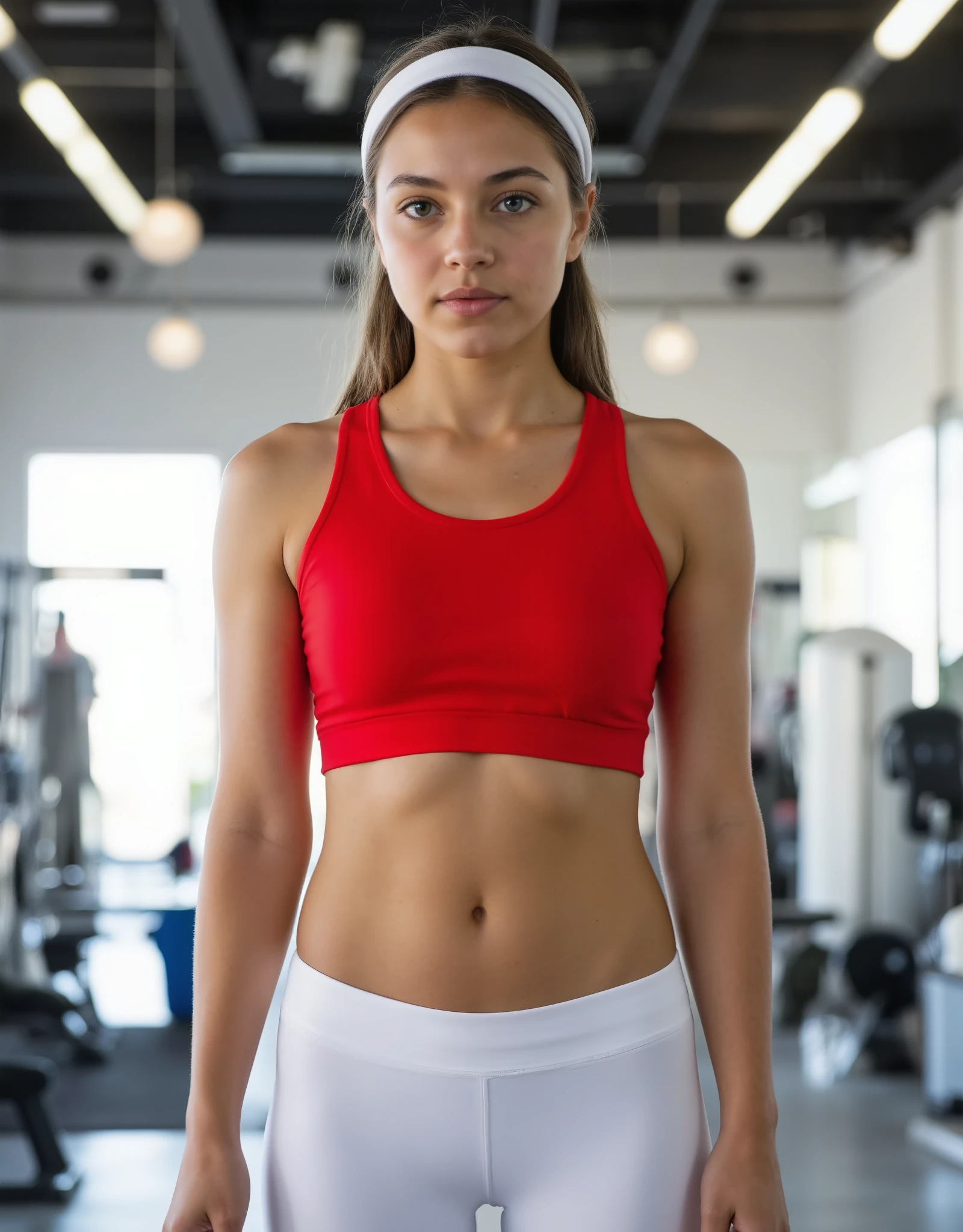 12 year old girl, red hair, freckles, wet skin, white sports bra, white booty shorts, lifting weights, in a gym, facing the camera, socks