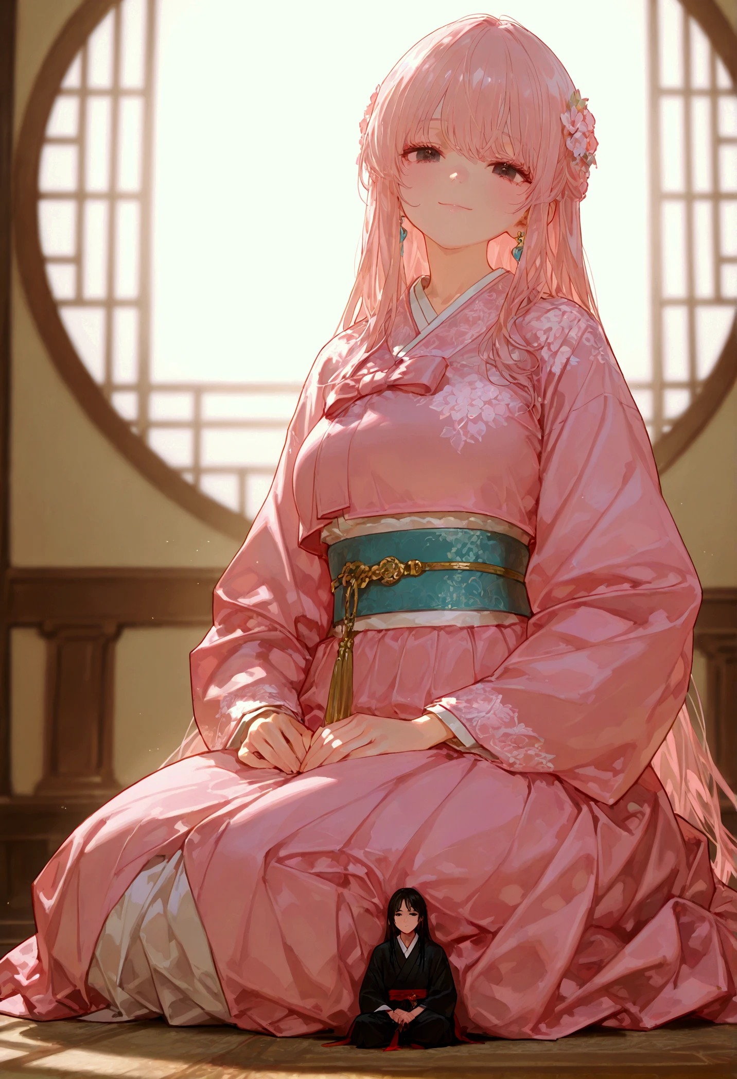 ( masterpiece : 1.2), ( VERY DETAILED: 1.2), (Blurred : 1.2), (Soft contrast : 1.2), ( clear line drawing: 1.2), (Semi-realistic expression : 1.2), ( High definition: 1.2), (最 High definition), 8k, Animated Illustration , beautiful girl, masterpiece、 top quality、 good quality 、 average quality 、 very detailed 、 very beautiful 、 absurd、 흐릿한 background 、 Very detailed eyes and face, 아름답고 Detailed eyes, top quality, masterpiece, Very Delicate and Beautiful , unity, 8k background 화면, surprising, fine detail , masterpiece, top quality, official art , Good hand 、Detailed eyes, Woman 1, light pink straight hair, ( black eyes, Detailed eyes), ( giant, H cup ), Pink Hanbok , Obi Girl , expression, (Soft eyes and laughter, Elegant smile ), by, (Sit on your knees, with two hands on the lap ), background, Joseon Dynasty, (Indoor, The floor )