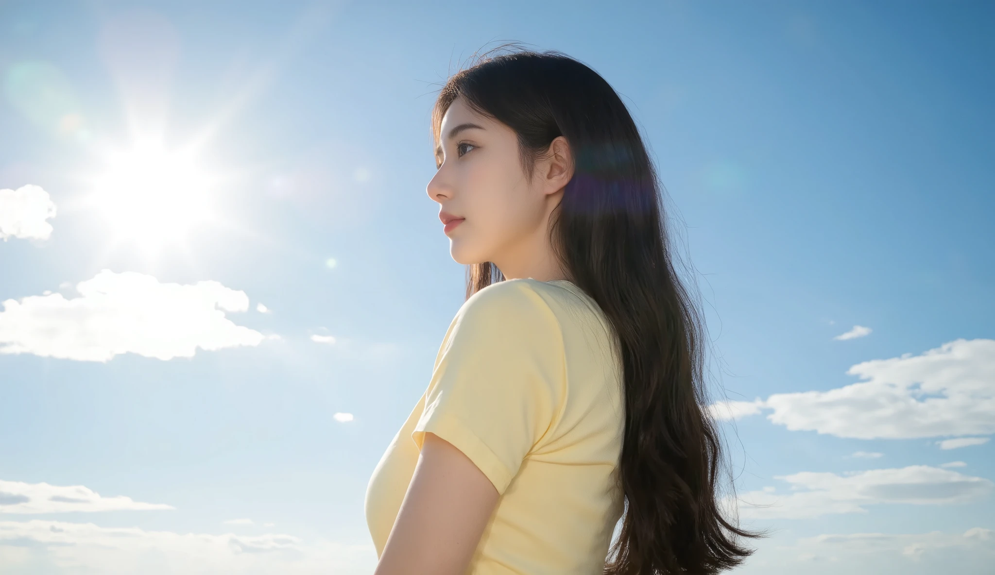 masterpiece, 8k, ultra-detailed, side view of a long-haired girl, wearing a pastel yellow short-sleeved dress, standing gracefully, looking at the distant sky, soft and flowing hair, gentle breeze, bright blue sky with scattered white clouds, warm and radiant sunlight, serene and peaceful expression, vibrant and natural colors, cinematic composition, depth of field, highly detailed background, soft shadows, glowing ambient light, dreamy and tranquil atmosphere, delicate and elegant pose, summer vibes, timeless and picturesque scenery角色的侧面, Wide-angle lens,