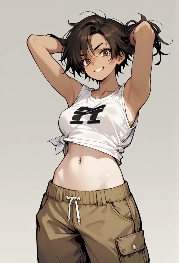 (Young girl ,low length,Improve)) ,Flat Chest,((Black Twintails,))Browsing Caution,Heavy Set,Leopard print shirt、smile