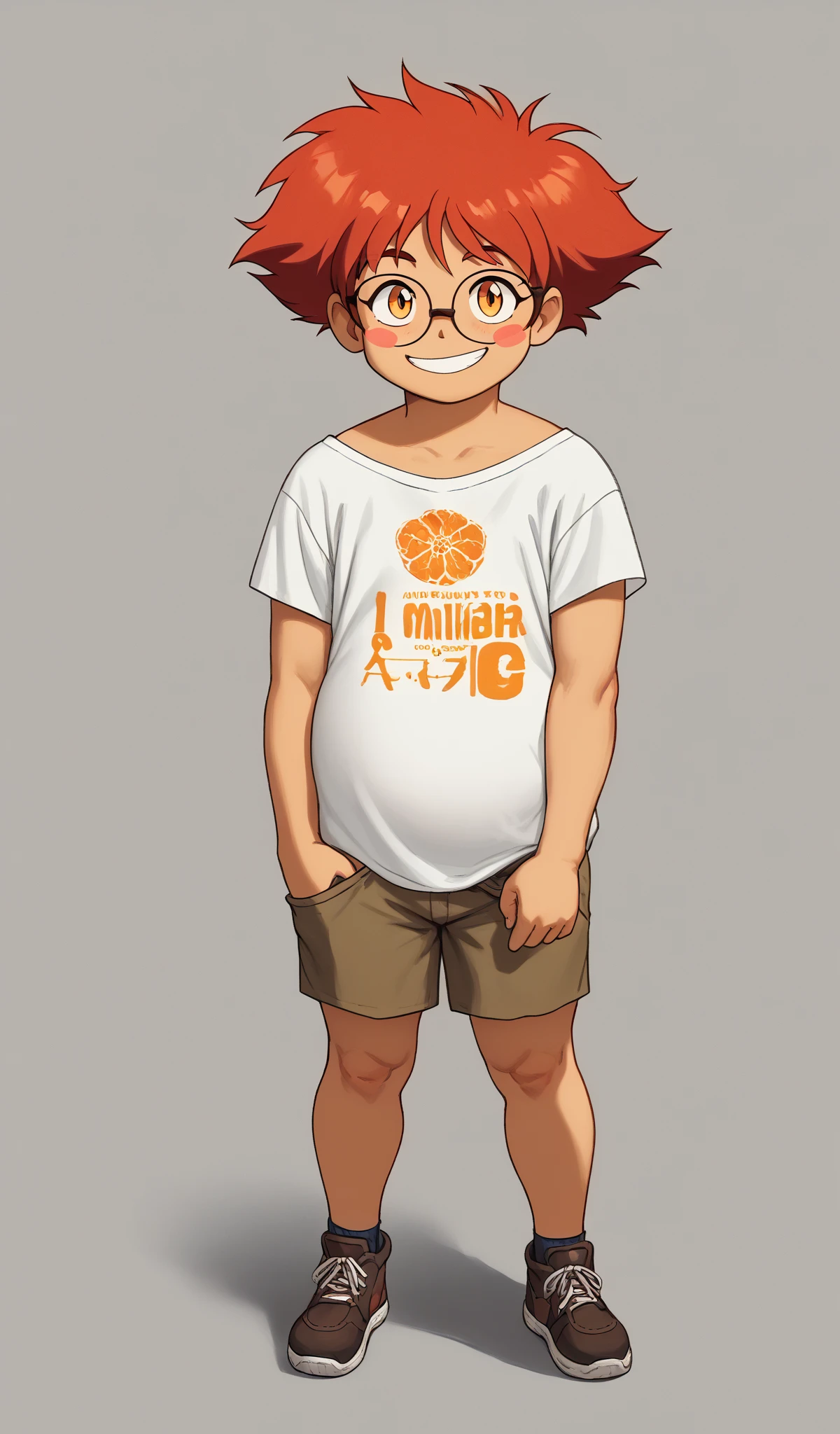 score_9, score_8_arriba, score_7_arriba, standing full body , EDUARDO , a girl, Alone , special, red-haired face , orange eyes, blush stickers , glasses on the head, big smile , ^_^, loose white shirt, looking at the spectator , (big fat body),(clothes that fit your big, fat body size).