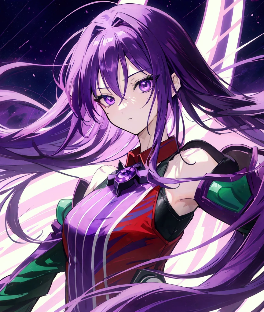 (himag), purple hair, purple eyes, masterpiece, best quality, highres, 1girl, solo, superhero, red leotard, red boots, matching boots, aura, purple aura, gloves, bracelets, matching gloves, looking at the viewer, light particles, outer space scenery, perfect hands, perfect eyes, powering up, view looking up