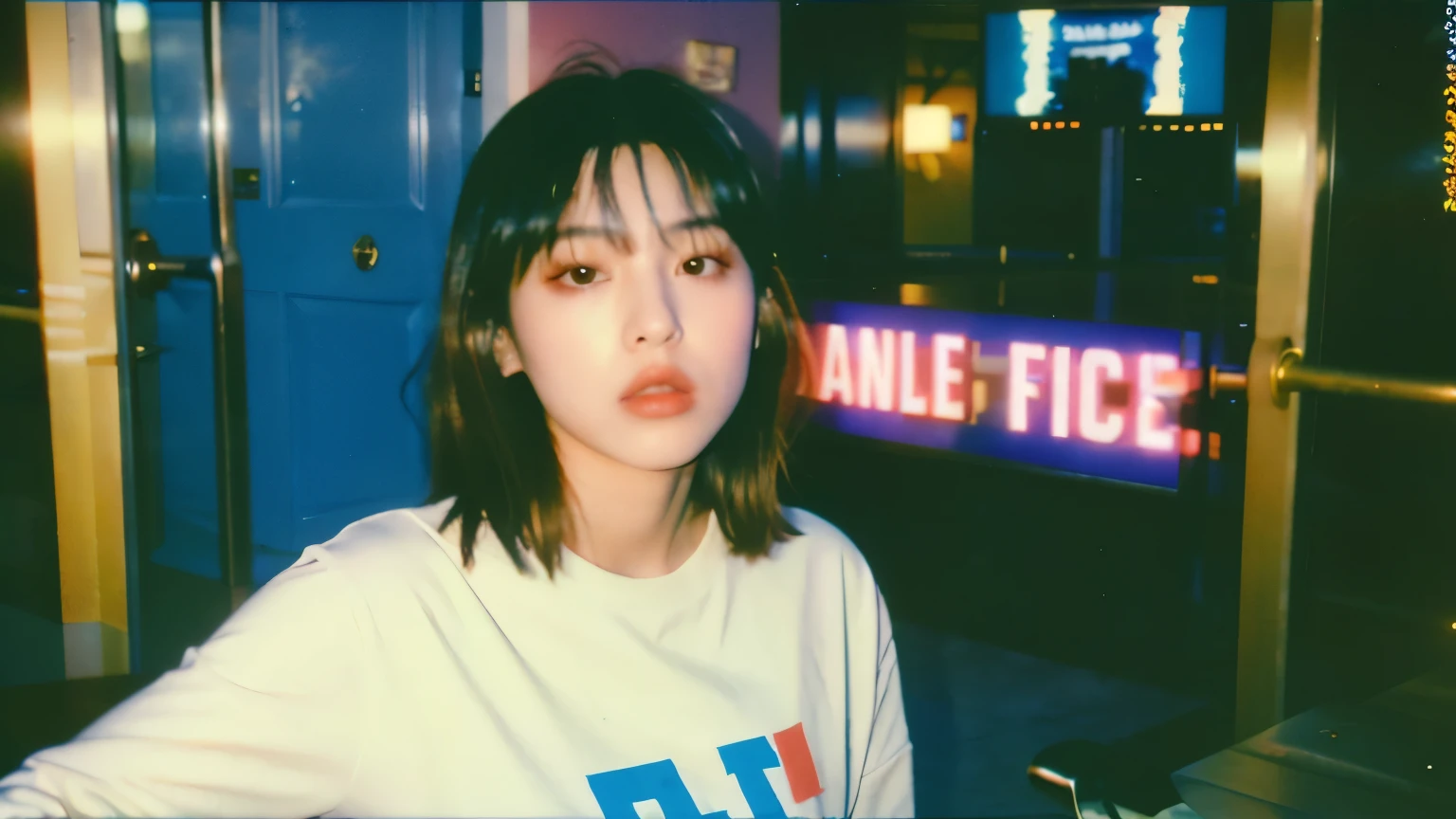 (Long shot photo) (( top quality)), ((masterpiece)), ( Detailed ), perfect beautiful face , cute 25-year-old Korean , ( blackpink like Jenny ) perfect face, black bob hairstyle ,Discovered video , Retro, 90s , venerable photo, photo noise , venerable photo, Retro, masterpiece, RAW photo, Film photography, venerable, noisy photo , in front of the camera , Casual Photography, grain photo , in front of the camera , VHS video, VHS appearance , Chromatic aberration( low Chromatic aberration), movie scene, Grainy photos, Dirty photos, pose , Retro photo, vintage photos , venerable, 90s , background wearing a white blank oversized t-shirt, red sunglasses , background at 90s restaurant ,Palm tree, blue sky , summer, Los Angeles vibe