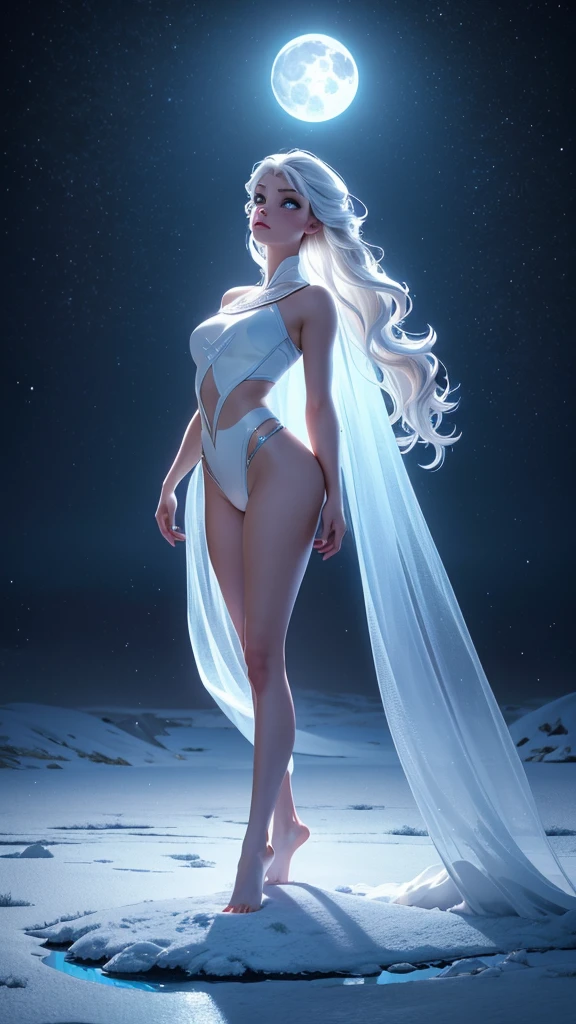 Realistic lighting, Best quality, 8K, Masterpiece: 1.3)), Focus: 1.2, a female goddess representing the zodiac sign cancer standing on the moon, controlling water, fully dressed in white, a swirl of water around her