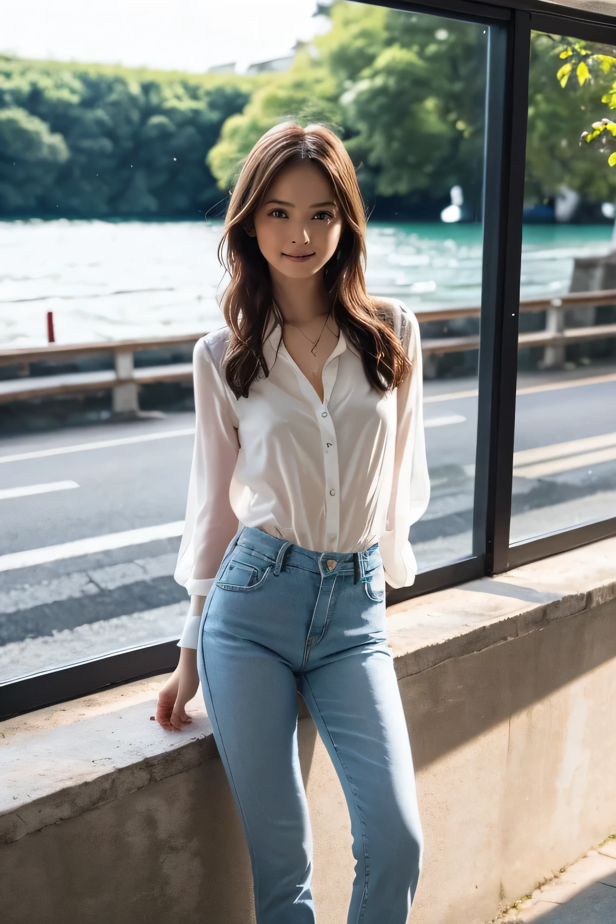 top quality、8k、 top quality、 beautiful woman、 (Head Size:0.7),(Body thinness :0.5) , ( she's skinny .:0.5).,(Body length:1.8) , how small her head is in relation to her body:0.5
white skin , long legs :1.5, high waist with her、( accurate anatomy :1.0)、、 very bright and beautiful skin 、 Make your button spacing 、 have small breasts .,I'm leaning on an elegant white blouse with a sense of transparency 、 wears faded jeans 。、 she's on a coastal road where you can see the ocean at dusk 。、 My car 。、 she's sitting 。 full body photo。Backlit pictures、I can see the sunset behind her at dusk。