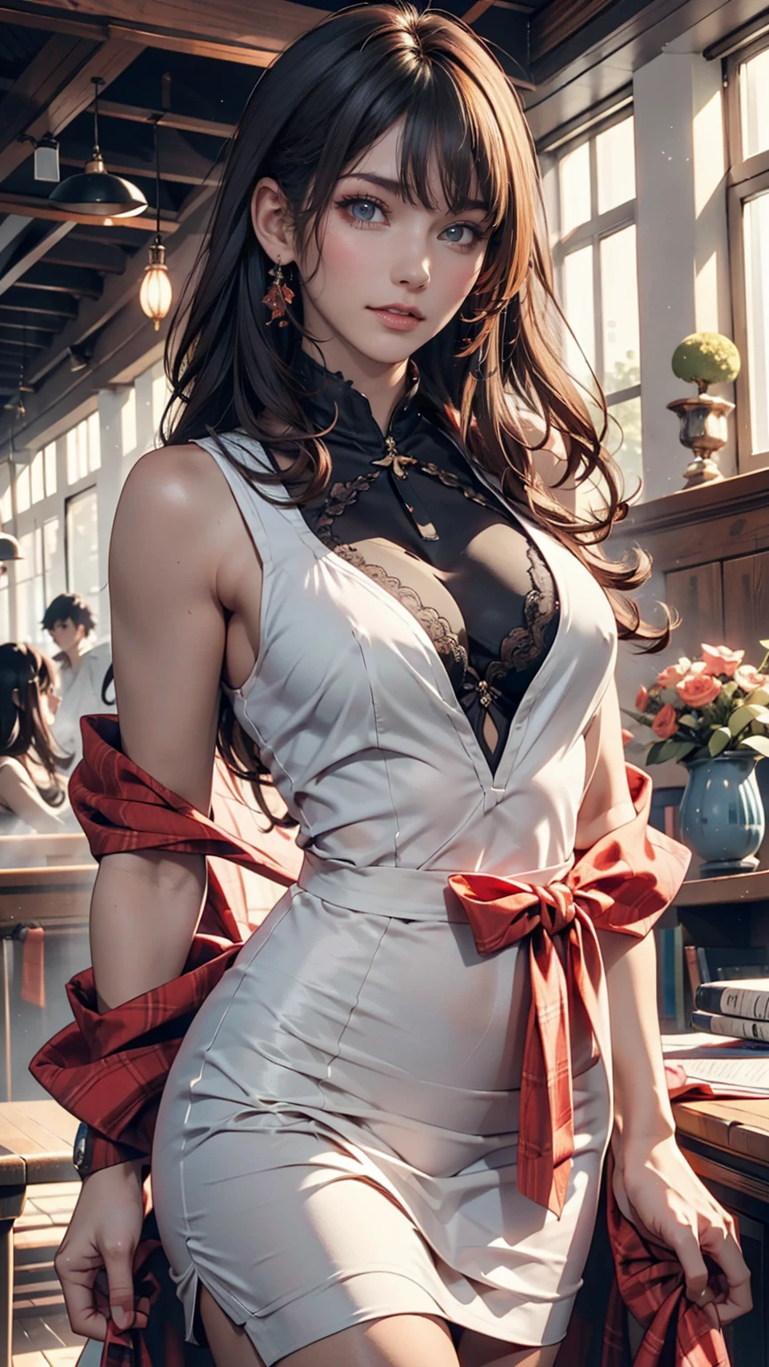 One girl,foot,a girl at building,(((building))), Braided bangs,Braided Ponytail,(alone:1.2),apron,Thick thighs,Side tie panties, Black Hair, 16 years old,View your viewers, sunlight,A sexy Chinese dress decorated with sheer lace、No sleeve、Deep thigh slit、Exposed thighs、Stiletto heels、Sexy、Sexy proportions、A seductive smile、Scrunchies on the wrist