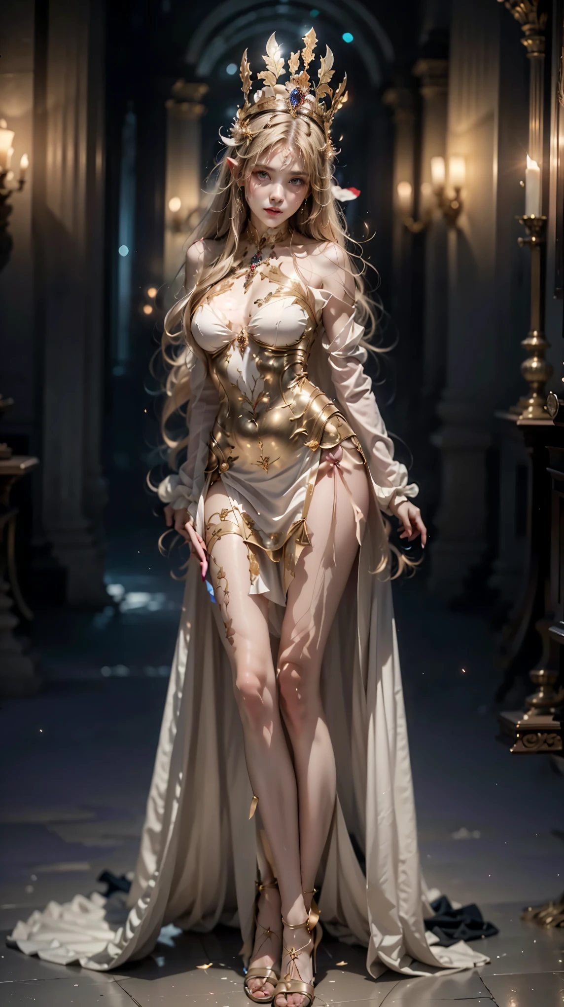 A blonde beauty , head to the side , wearing a white dress , There are delicate metal details on the skirt ,Metal headdress , The quality of the clothing fabric material is high , Tall jewelry hanging around her neck , Low saturation features a woman in a white dress holding a red rose, beautiful and elegant elven queen, (( a beautiful fantasy Empress)), a beautiful fantasy Empress, xianxia full body , beautiful full-body concept art, anime goddess, Kushatt Krenz Key Art Women, artgerm on artstation pixiv , Beautiful and elegant female elf , blonde elf empress, UNREAL ENGINE5 , cinematic lighting,particle, realistic PVC textures ,, cinematographic photograph , Apply vertically all over the body ,poster for , light smile , beaded necklace , Bokeh effect ,Verismo, cinematic lighting, Ray Tracing,reflective light, Shading pen, breasts, Textured Skin,super detailed, highly detailed, high quality, masterpiece,retinas,Necessary, Prizes received , best quality, a high resolution 。 exaggerated shape and divine beauty .", body proportions, (Chapped lips:1.4), (blush de nariz:1.2), foreshortening, black cuts, (eye contact), High contrast, ultra high resolution, high resolution, detailed, Clean face, ( Sexy face:1.5), (Big purple eyes:1.2), ( ultra detailed eyes :1.4), ( high resolution eyes:1.1), ( ultra detailed skin texture :1.4), PERSEPHONE, Persephone, belle (SFW:1.5), (full body:1.8), (upper body up:0.3), (hyper realistic:1.4), (realistic:1.3), (best quality real texture skin), Detailed eyes, detailed face, Detailed eyes, detailed face, PERSEPHONE, belle, ((high resolution)), ((pale skin)), ((very pale skin)), muscular body , Cinderella, wearing a ball dress (revealing their breast and their pubes), in the Prince's ballroom, during a noble ball, super big hips, (SMALL BREASTS:1.5), (FLAT CHEST:1.5), (HUGE LEGS:1.5), (HUGE THIGHS:1.5), Perfect Legs, Perfect Legs, pernas added, pernas added e perfeitas, 1girl