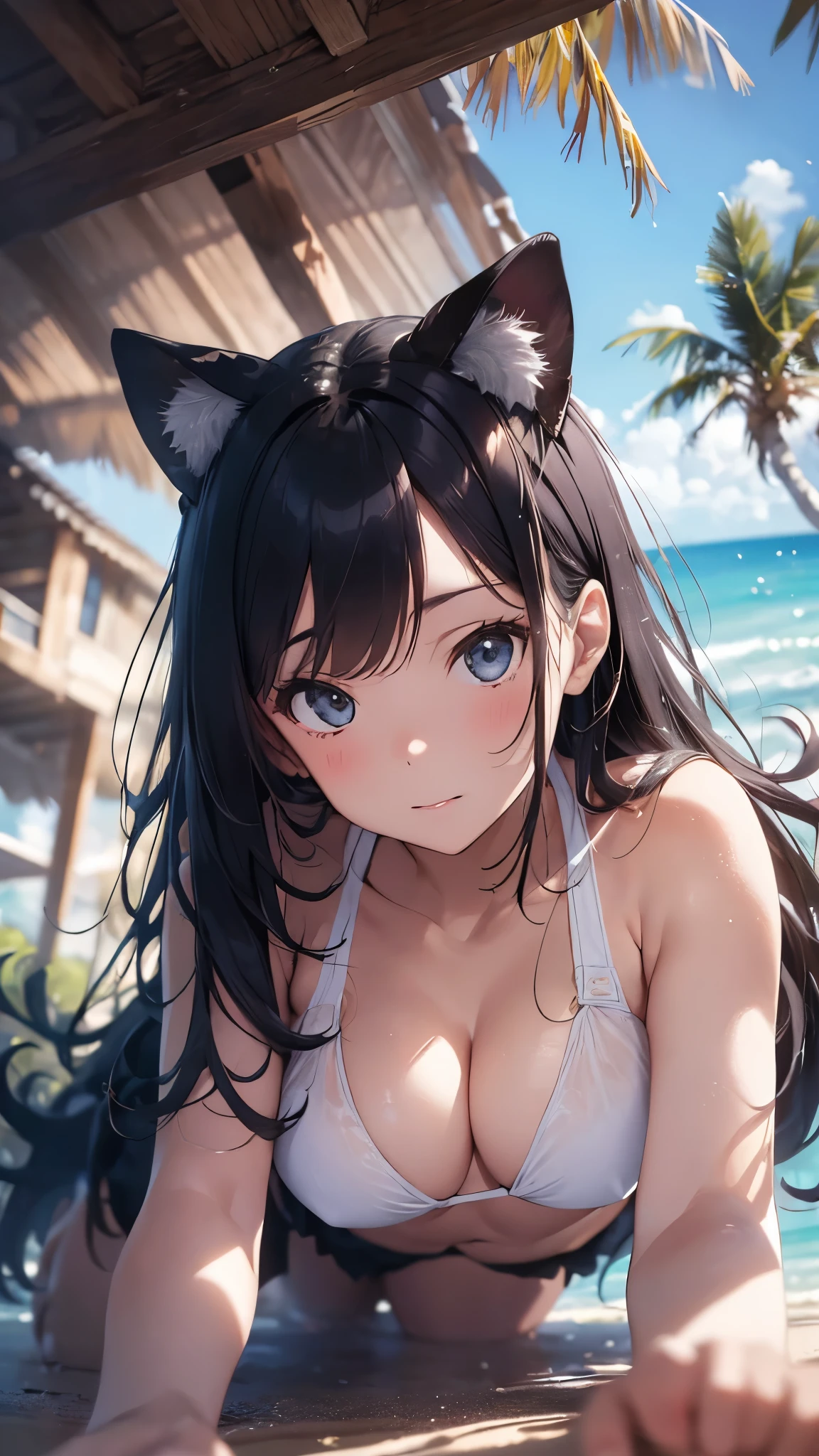 Fox girl Blue eyes Long brown hair Seaside