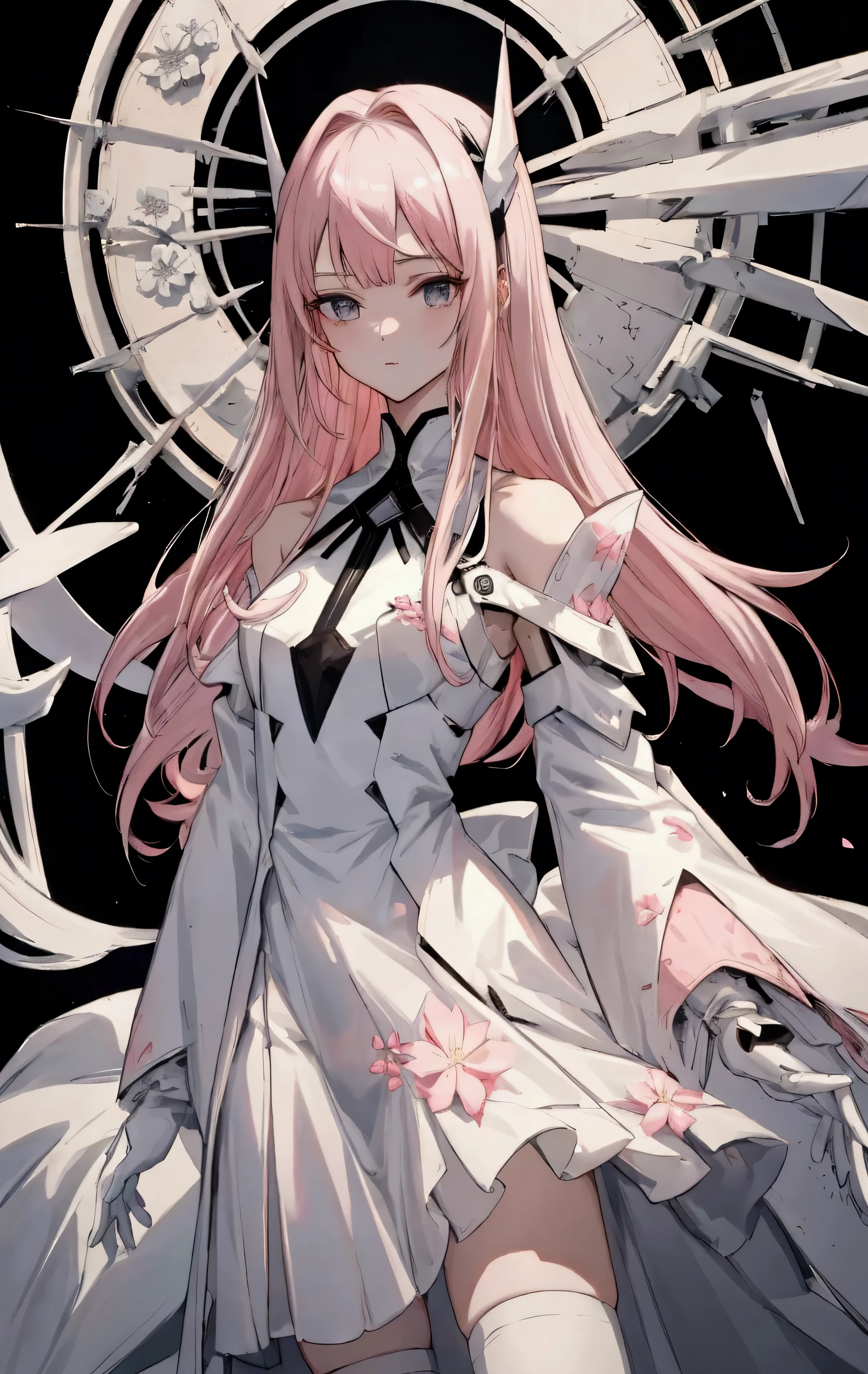 adult anime girl, 18 years old, delicate pale pink shoulder-length hair, white dress, medium chest, flower decorations on clothes, black and white clothes, calm gentle expression, slender figure, bangs on forehead, short white skirt, black raincoat, clothes with black decorations, black-white shortening on the neck and shoulders, mecha, science fiction, fantastic, 4k, hd, anthoganist, evil