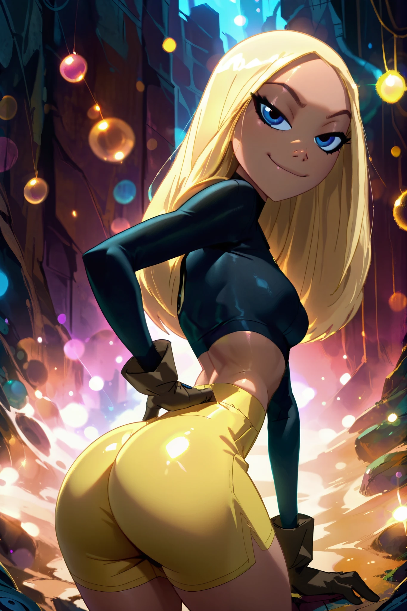 masterpiece, best quality, solo, curvy, beautiful eyes,zzTerra, blue eyes, blonde hair, long hair, gloves, goggles, yellow shorts, black shirt, midriff, cowboy shot, hand on hip, smug, smile, looking at viewer, shiny skin,shiny skin, bokeh, luminescent background, bend over, ass