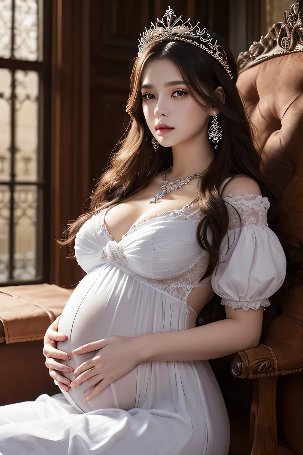 ulzzang-6500-v1.1, (raw photo:1.2), (photorealistic:1.4), beautiful detailed girl, very detailed eyes and face, beautiful detailed eyes, super detailed, high resolution, very detailed, best quality, masterpiece, ((priestess)), (headdress), ((long transparent robe)), ((intricate details)), ((ultra transparent clothings)), ((ultra clear clothings)), slim body, beautiful detailed whole body, ((cleavage)), ((see_thru_nipples_)), ((detailed nipple mark)), (((pregnant)))
