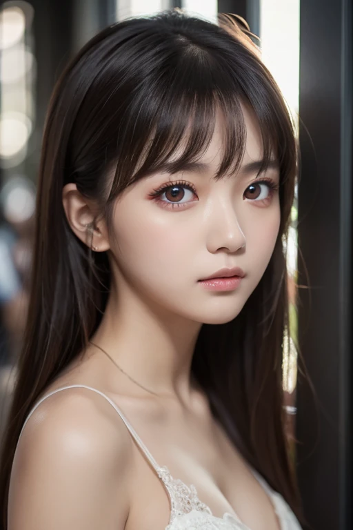 Highest quality, Face Focus, Soft Light, Ultra-high resolution, (Realistic:1.4), RAW Photos, 1 Japanese girl, alone, cute, (pupil, Light in your eyes), Beautiful face in every detail, (Small box),(High resolution detail of human skin texture), (Long Hair), indoor, Damask Shirt Dress