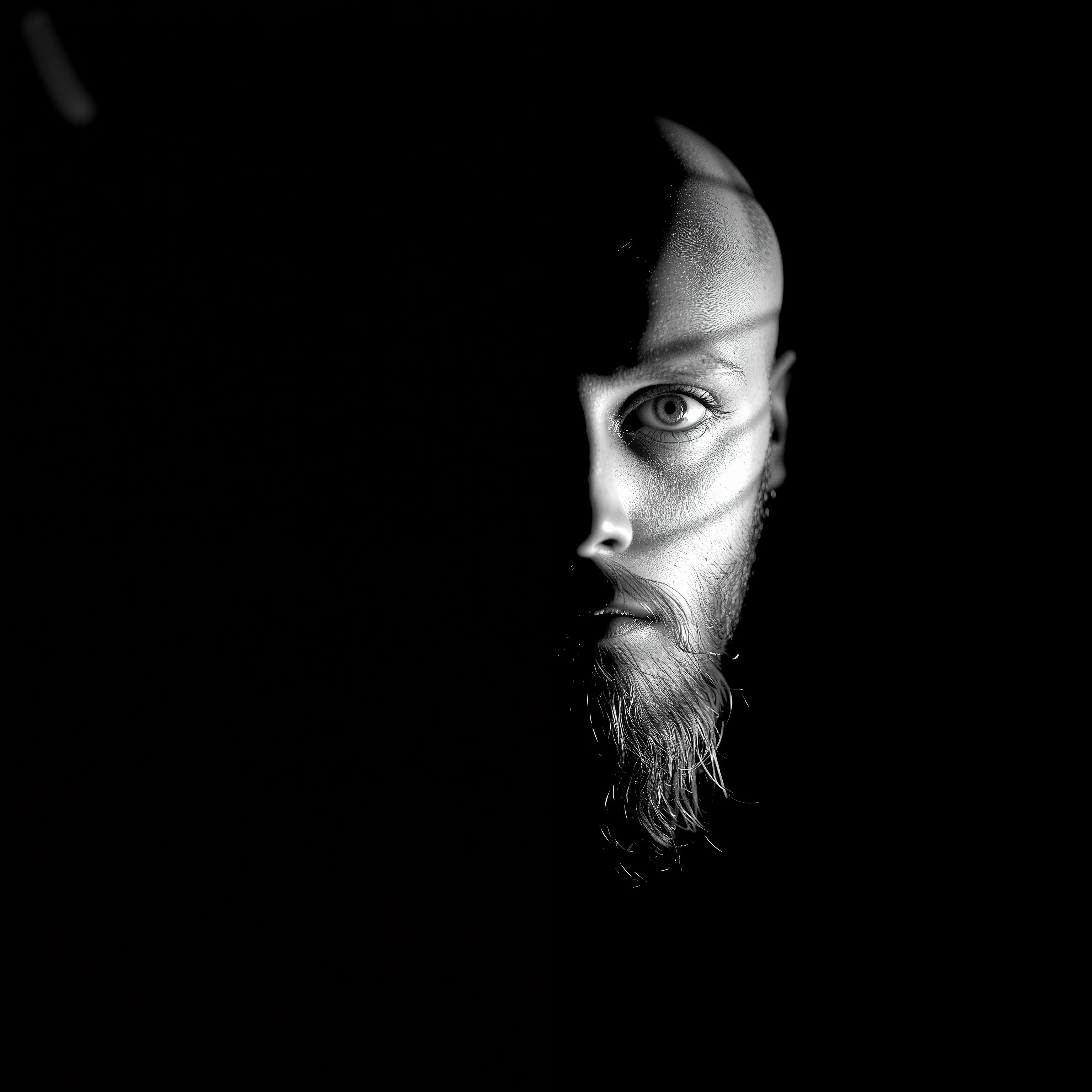 1man, (masterpiece, 8k, best quality:1.5), Magazine cover shoot, photorealistic, monochromatic, hyper detailed, cinematic, arri alexa 65, film look, cinema lens, arafed man with a medium length goattee and black shirt in the dark, a character portrait by Matthijs Naiveu, unsplash, purism, chiaroscuro portrait, shadow of beard, split lighting portrait, high intensity split lighting technique, alessio albi, face with goatee, stable diffusion self portrait, light beard, dramatic lighting man, dramatic light on face, photo of a man, #dark photography