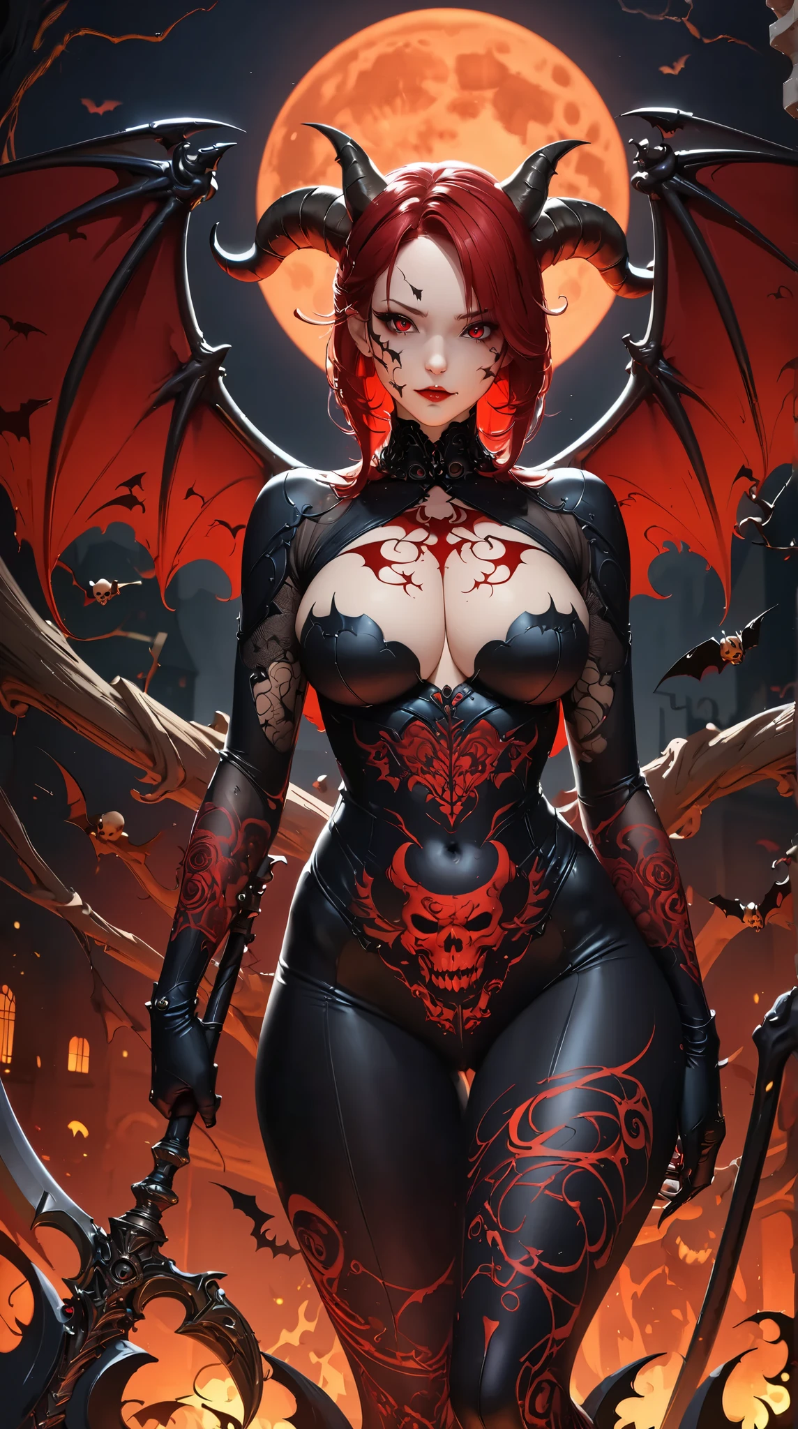 Rihanna : The evil nun, Demon horn, Demon wings on the head , sexy robe de nonne, Powerful bolts of destructive red energy shoot out of his hands, His powerful magic hits the buildings of a destroyed city , Satanic, detailled eyes, detailed hands