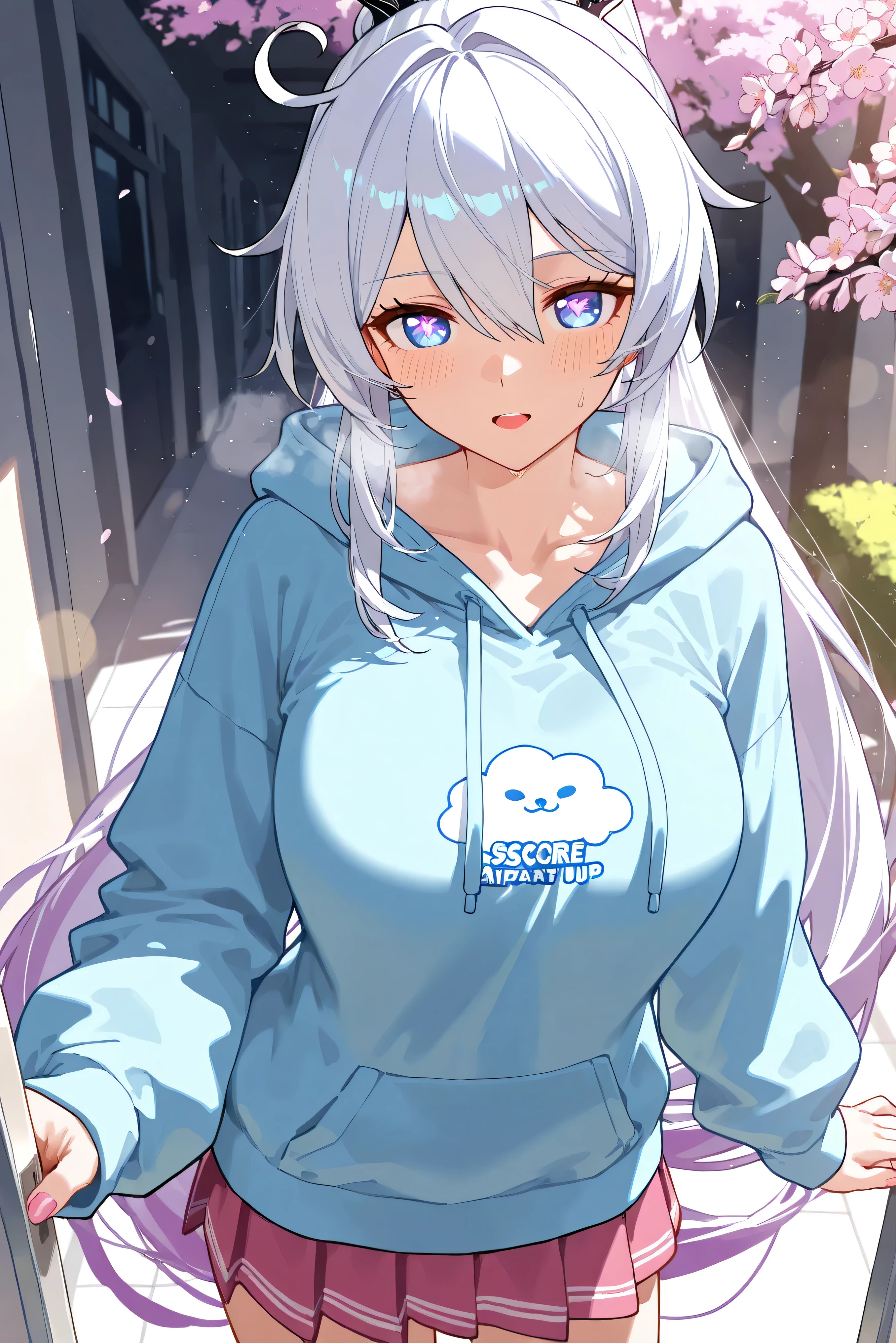 score_9, score_8_up, score_7_up, masterpiece, best quality, very aesthetic, absurdres, tunning image, light particles, attractive image, 1girl, adult grown woman, cowboy shot, kiana kaslana \(honkai impact 3rd\), herrscher of finality, white hair, ahego, high ponytail, long hair, blue eyes, symbol-shaped pupils, blush, heavy breathing, masterpiece,best quality,amazing quality, nails, 5 fingers, alternate costume, An anime character in pastel streetwear style, wearing an oversized blue hoodie with cute cloud patterns, a pleated pink skirt (or loose pastel joggers), panthose, The background is a soft aesthetic cityscape with pastel buildings, warm sunlight, and cherry blossoms floating in the air