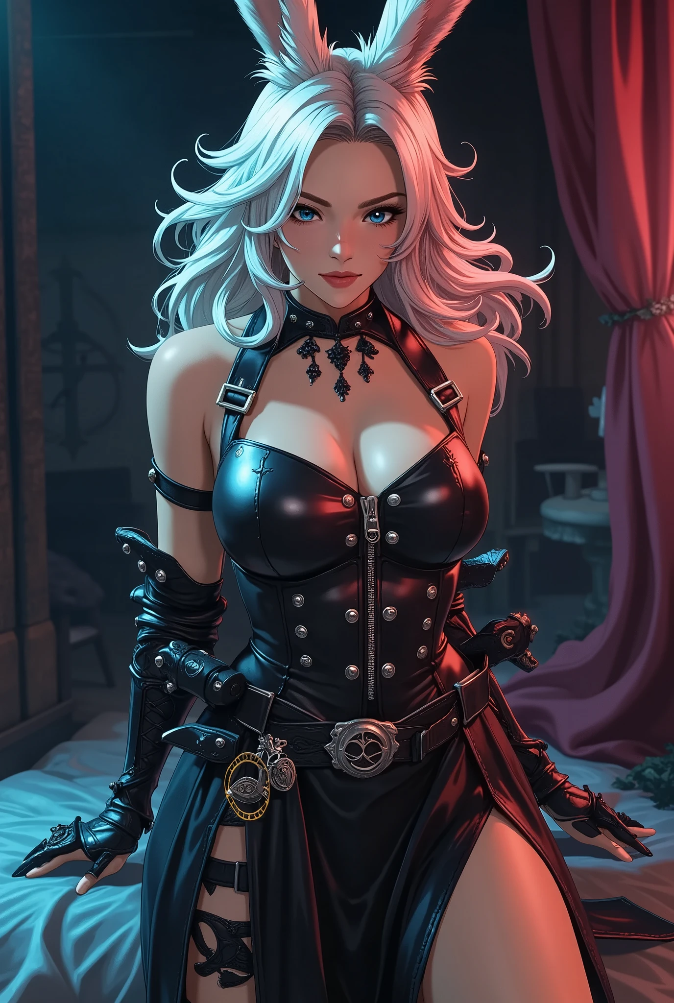 a beautiful busty goth princess woman,corset,white hair,dark mascara,long lashes,tattoo,black short bangs,curly hair,(best quality,4k,8k,highres,masterpiece:1.2),ultra-detailed,(realistic,photorealistic,photo-realistic:1.37),portrait,chiaroscuro lighting,dramatic lighting,dark moody colors,dramatic colors