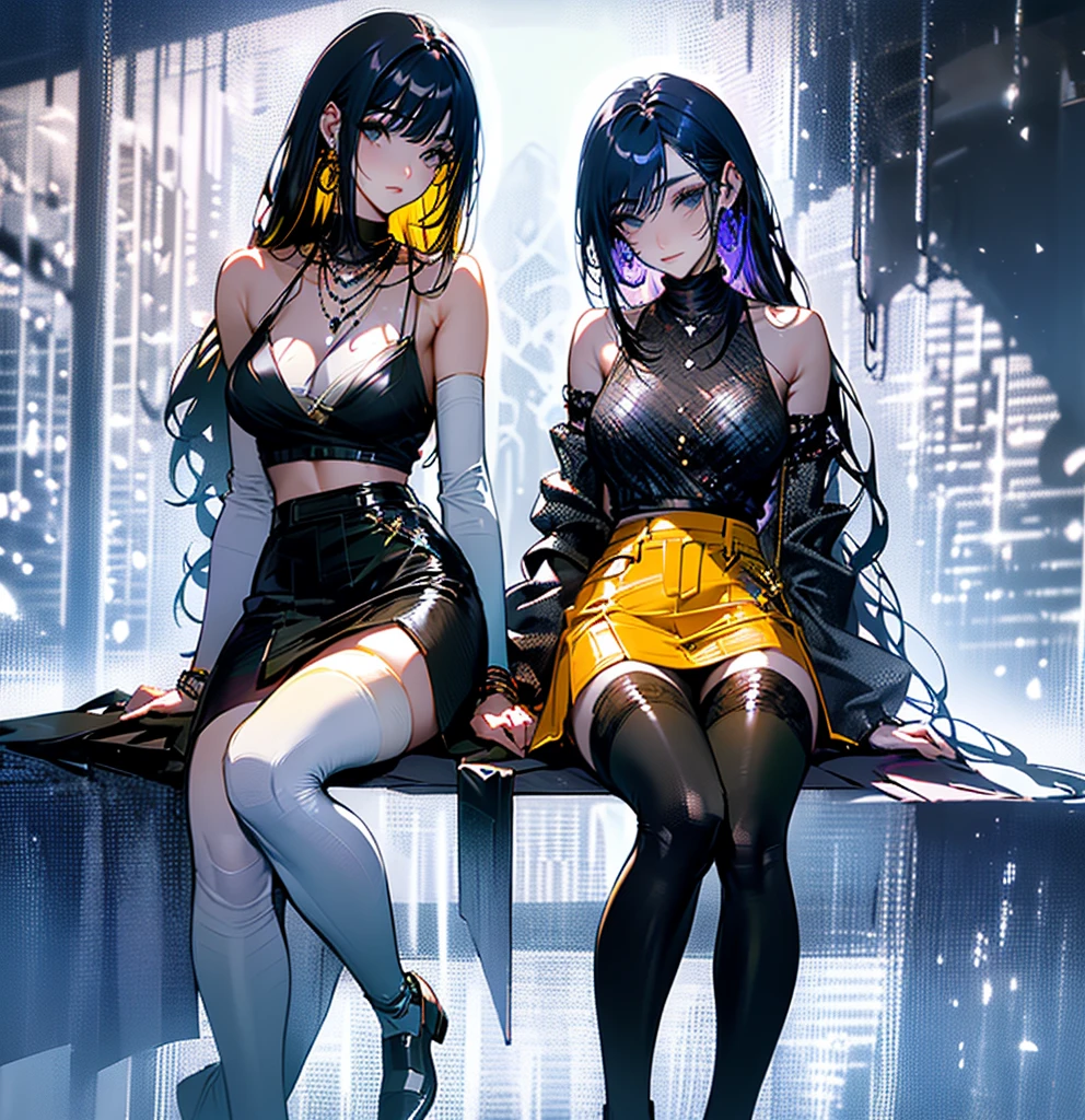 (masterpiece, best quality), best resolution, (2heads:1.5), 1girl, two-headed girl with((18year old, two heads, heads are positioned next to each other on one body, identical faces, fused necks, tattered clothing, white tube top, Black short-sleeved hoodie, White pants, Best Bust, Bust 85, extremely long black hair on both heads, cyberpunk style clothing, Blue eyes, open chest wide, Happiness, Sweating, Chain Accessories, During the dance、お腹に♡のペイント)）hiquality, visualart,