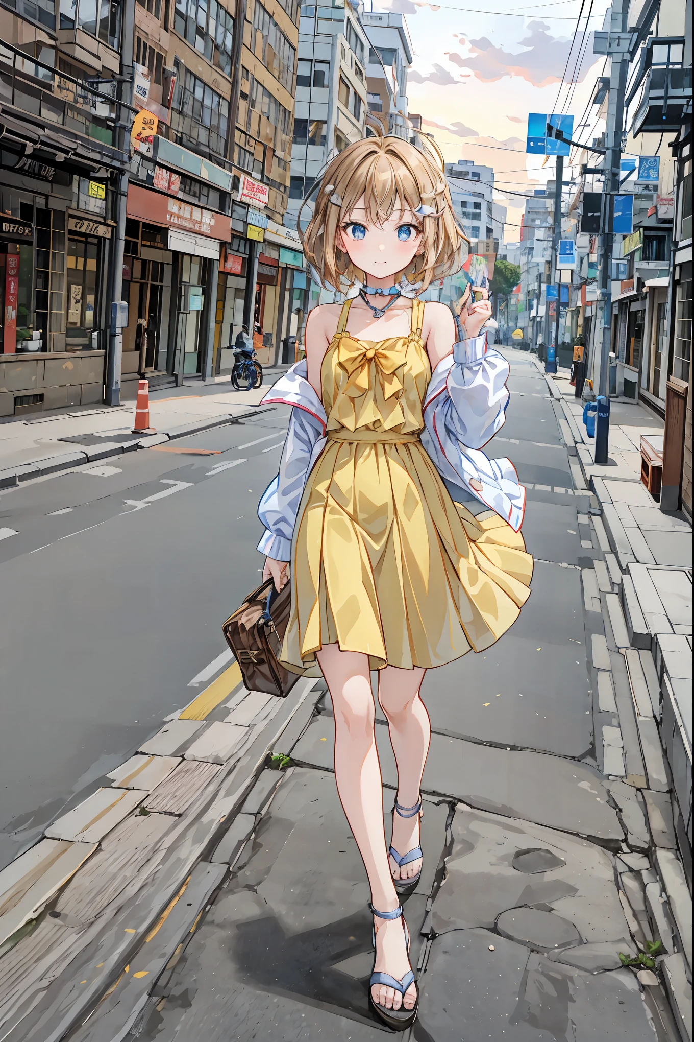 Yo Watanabe, Yu Watanabe, brown hair, shortcut, messy hair, short braided hair, Neat , slender beauty ,Dignified posture, small breasts, beautiful feet, her charming grayish blue eyes shine like stars, vibrant colors, beautiful eyes,A delicate smile, textured skin , Best Quality, gentle and beautiful woman , anime style、, orange hair band,Locket Pendant, camisole,Bareneck,Shoulder,Bare clavicle,blue long skirt ,Cute stiletto heels, evening,sunset,walk, big canyon {x} the sun sets,whole bodyがイラストに入るように, Looking Down from Above ,
break outdoors, Coastal Road, construction site ,
break looking at viewer, whole body,
break ( Masterpiece:1.2), Top Quality High Definition , unity 8k wallpaper, (shape:0.8), ( beautiful details:1.6), Detailed painted face , Perfect lighting for, Highly Detailed CG, ( perfect hand, perfect anatomy),